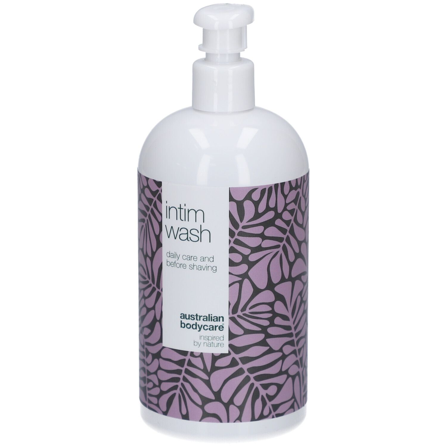 Flacone bianco con motivo viola e testo: Intim Wash. Australian Bodycare.