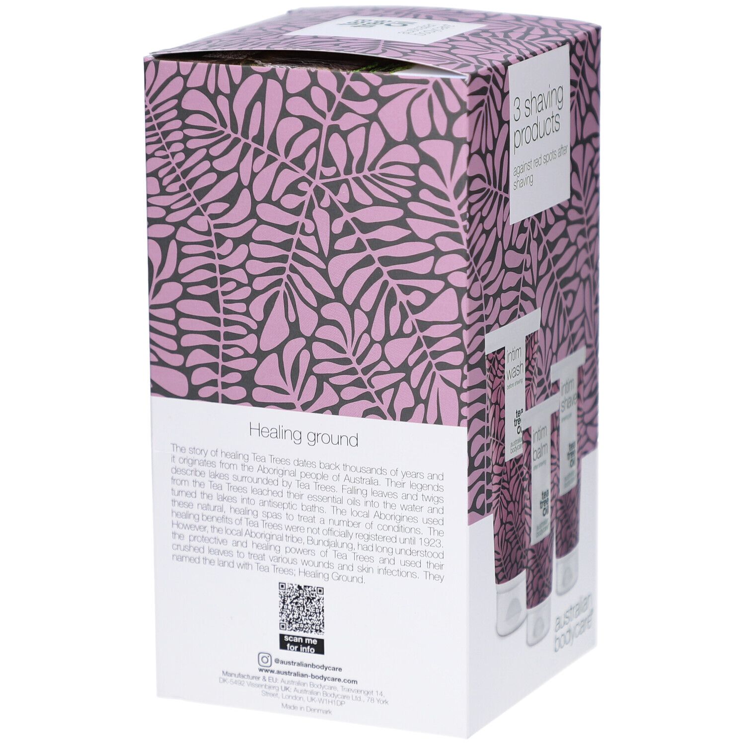 Retro della confezione con testo. Contiene informazioni sui prodotti e sull'azienda.