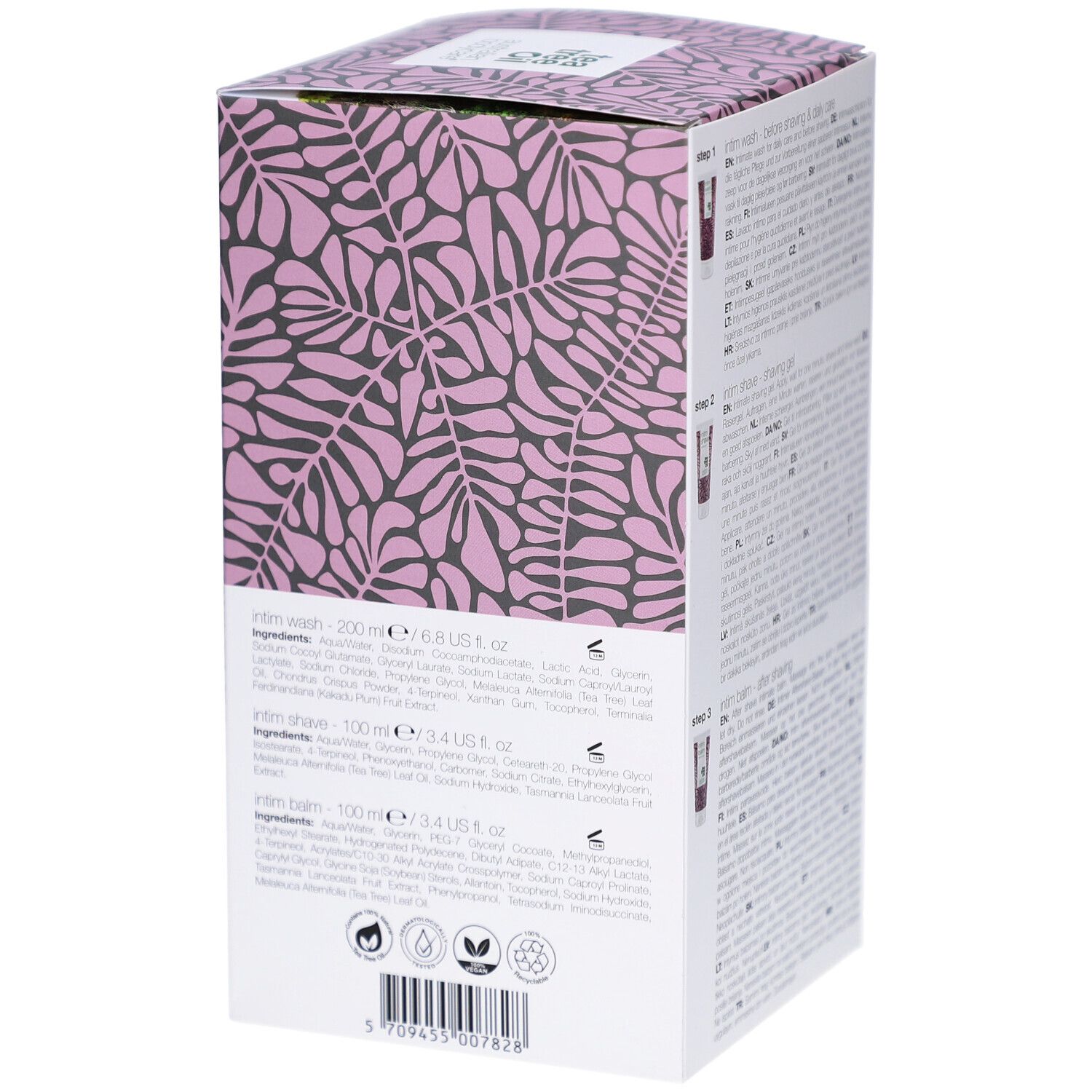 Retro della confezione con testo. Contiene informazioni sugli ingredienti e le certificazioni.