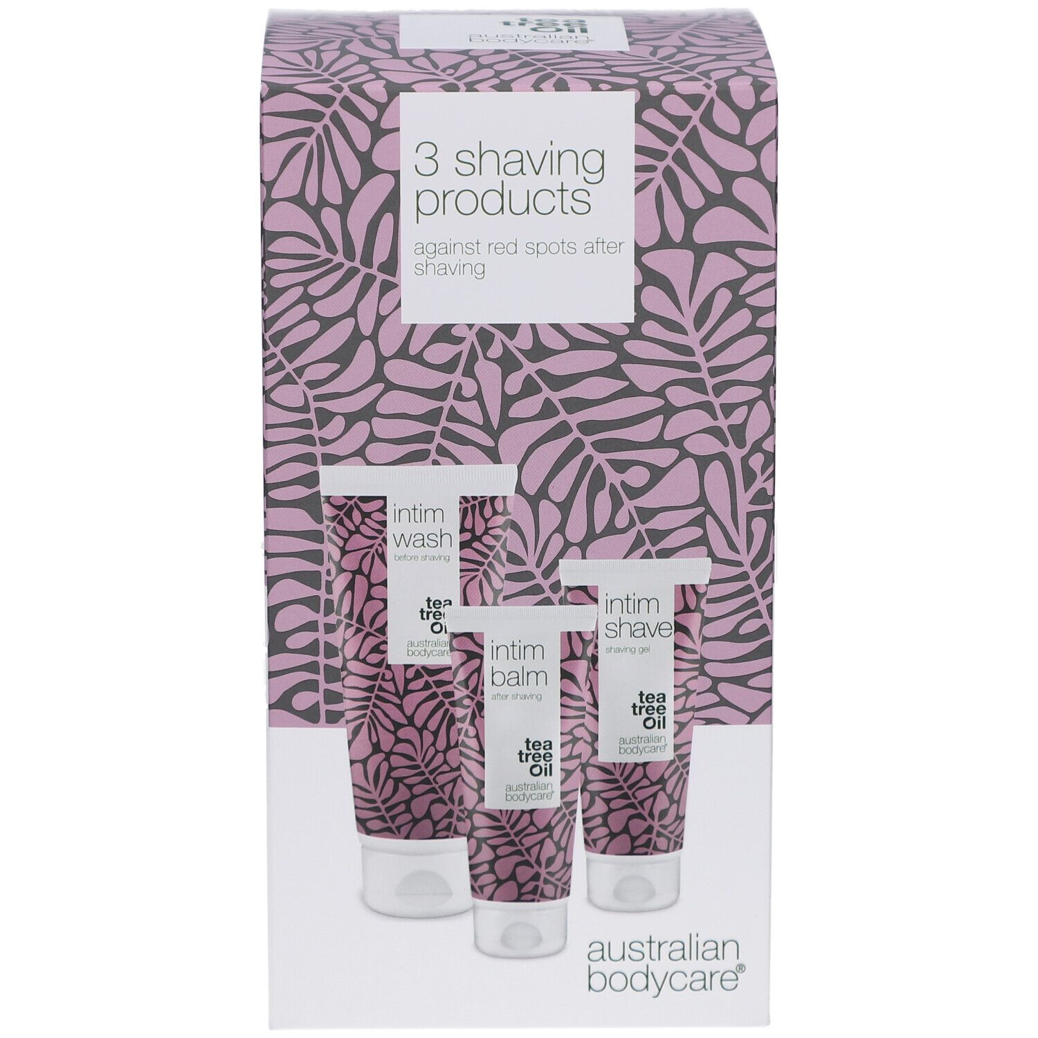 Confezione di 3 prodotti per la rasatura intima. Contiene gel intimo, balsamo e gel da barba.