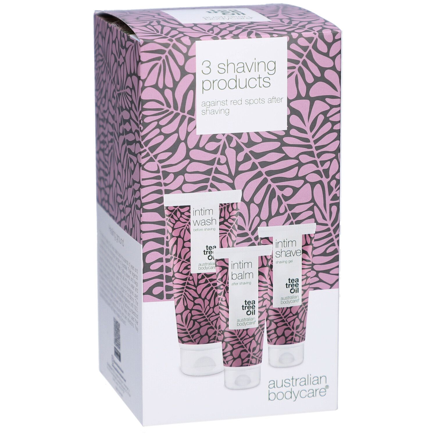 Confezione di 3 prodotti per la rasatura intima. Contiene gel intimo, balsamo e gel da barba.