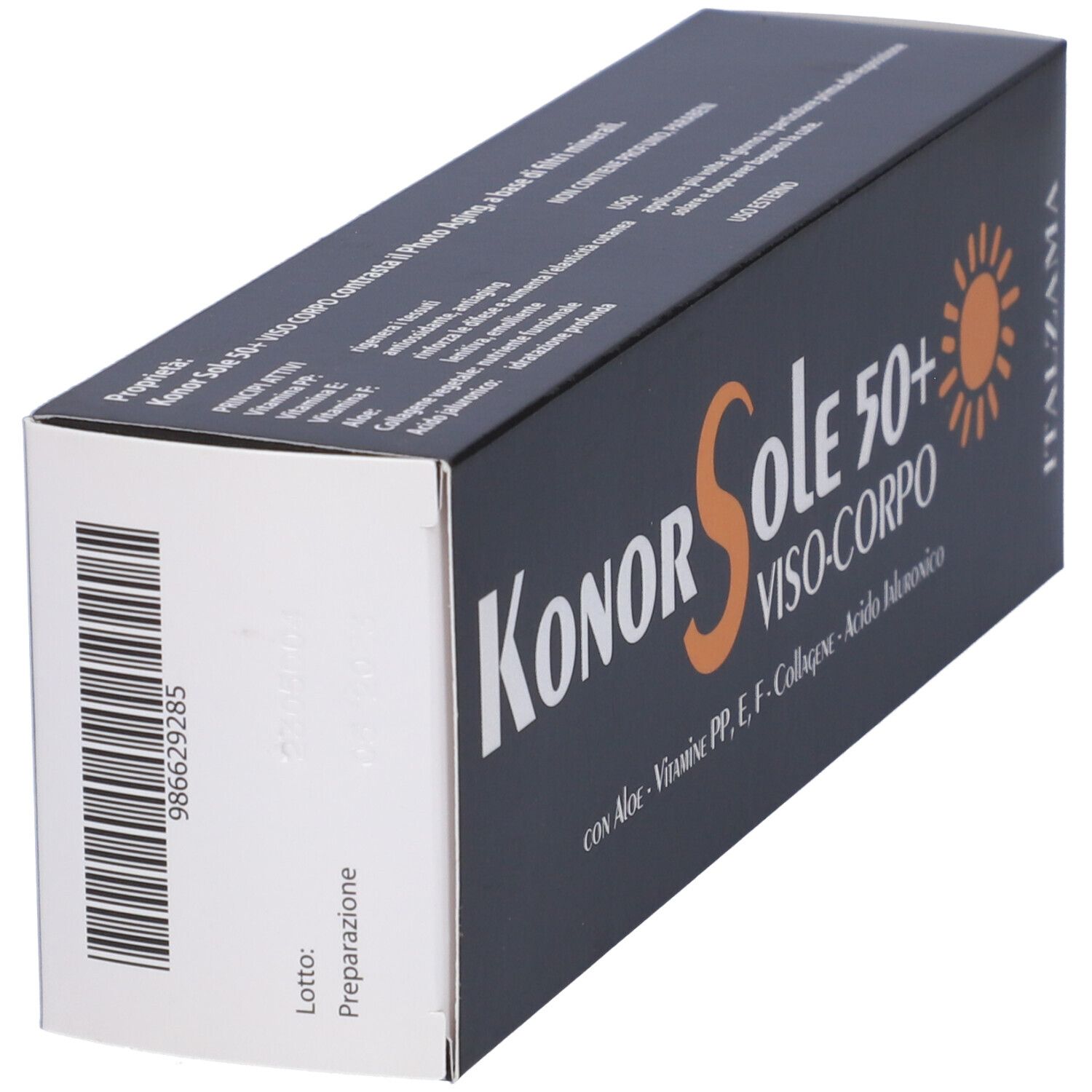 Confezione nera con Konor Sole 50+. Testo: Viso-Corpo, con Aloe, vitamine, collagene, acido ialuronico. Codice a barre.