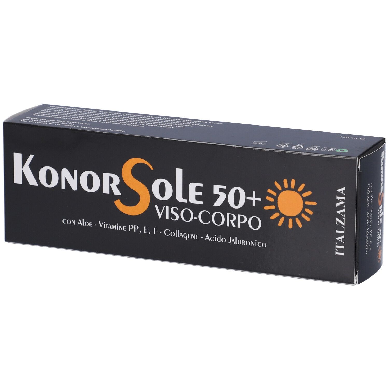 Confezione nera con nome Konor Sole 50+. Testo: Viso-Corpo, con Aloe, vitamine, collagene, acido ialuronico. Simbolo sole.