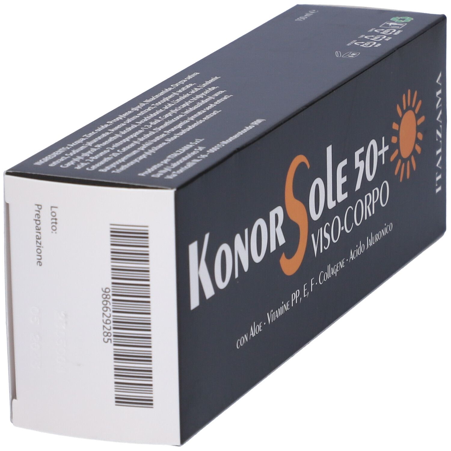 Confezione nera con Konor Sole 50+. Testo: Viso-Corpo, con Aloe, vitamine, collagene, acido ialuronico. Codice a barre.