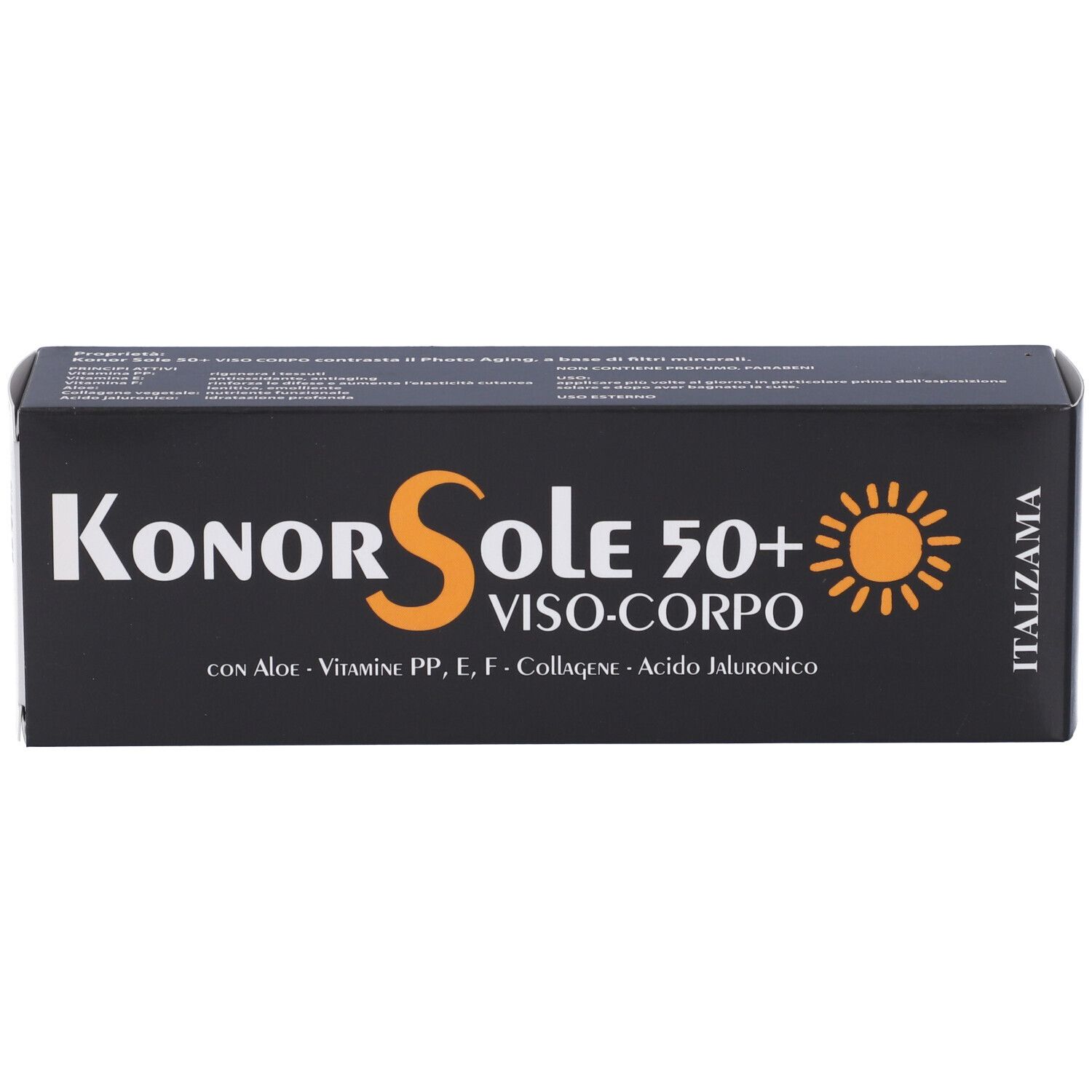 Confezione nera con nome Konor Sole 50+. Testo: Viso-Corpo, con Aloe, vitamine, collagene, acido ialuronico. Simbolo sole.