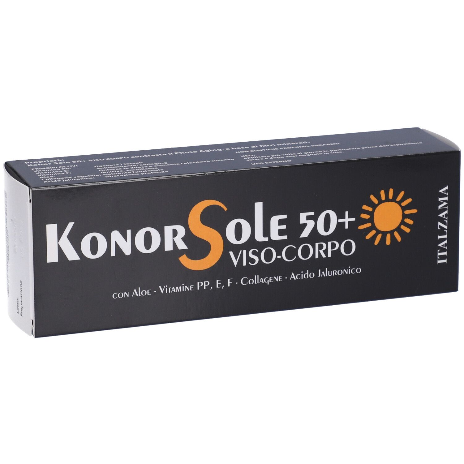 Confezione nera con nome Konor Sole 50+. Testo: Viso-Corpo, con Aloe, vitamine, collagene, acido ialuronico. Simbolo sole.