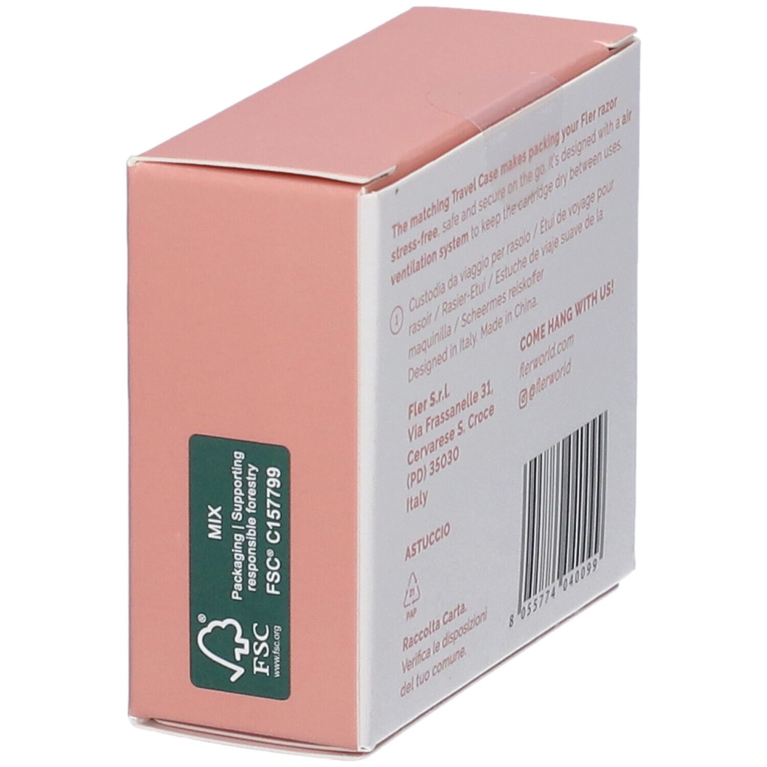 Confezione della custodia da viaggio Fler per rasoio, Blush, con certificazione FSC sul lato.