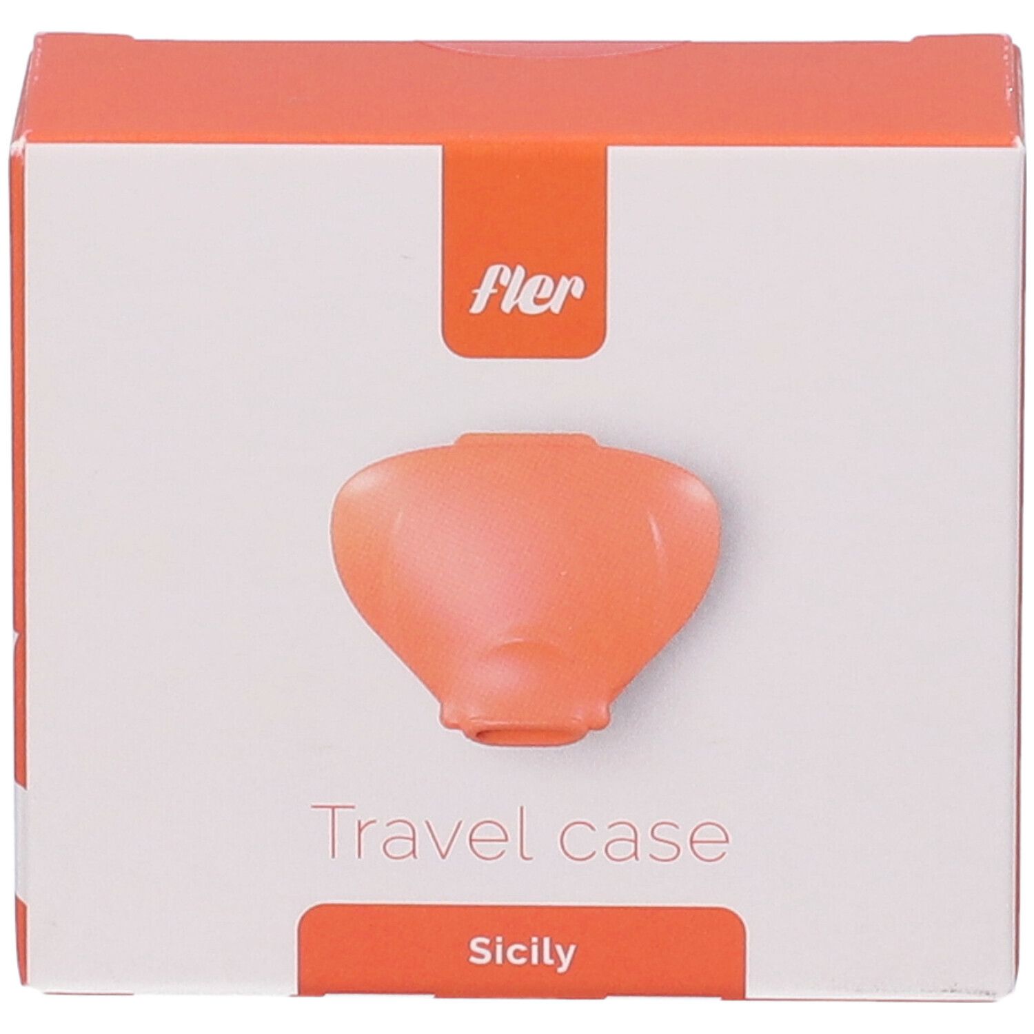 Custodia da viaggio arancione per rasoio, confezione rettangolare con immagine del prodotto e testo.