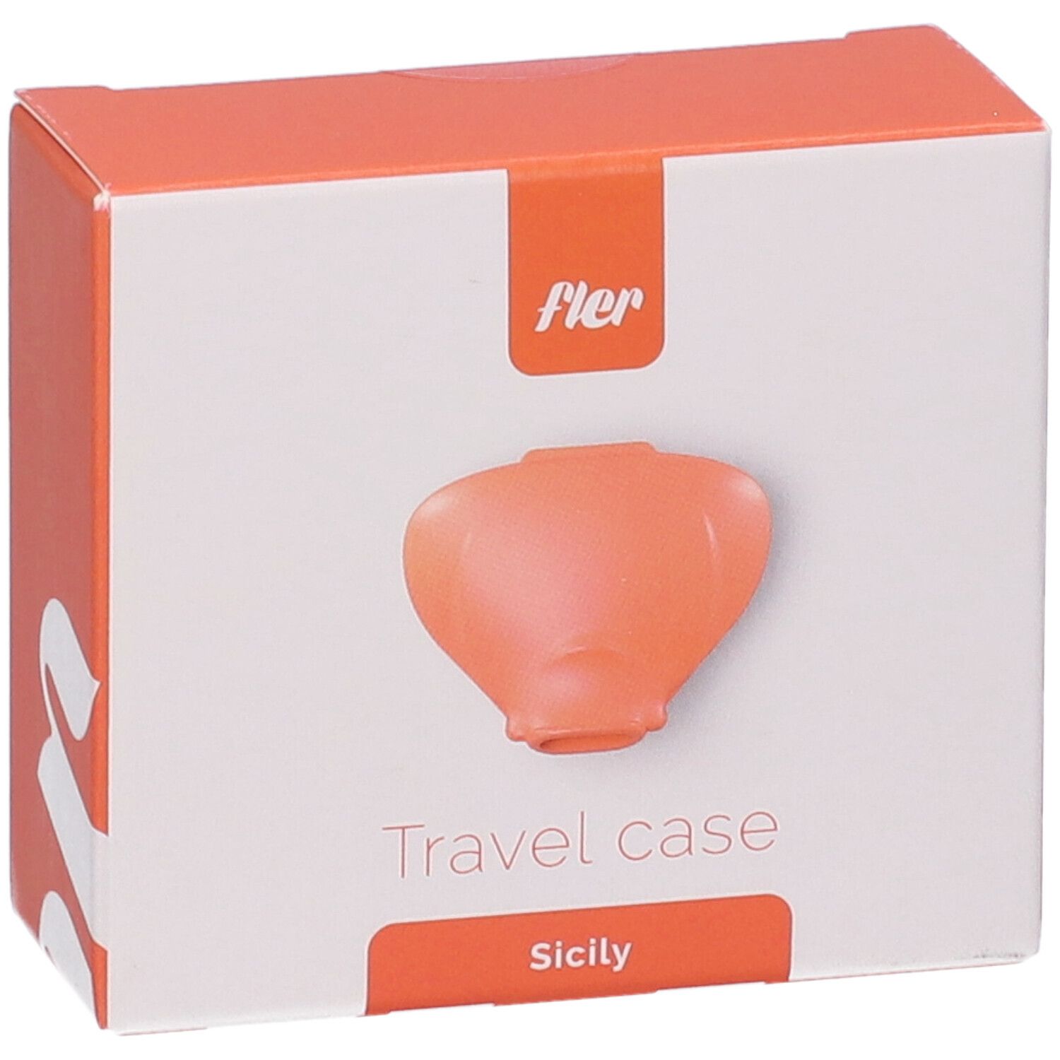 Custodia da viaggio Fler 'Sicily' arancione. Design compatto e arrotondato. Scatola di cartone con immagine del prodotto.