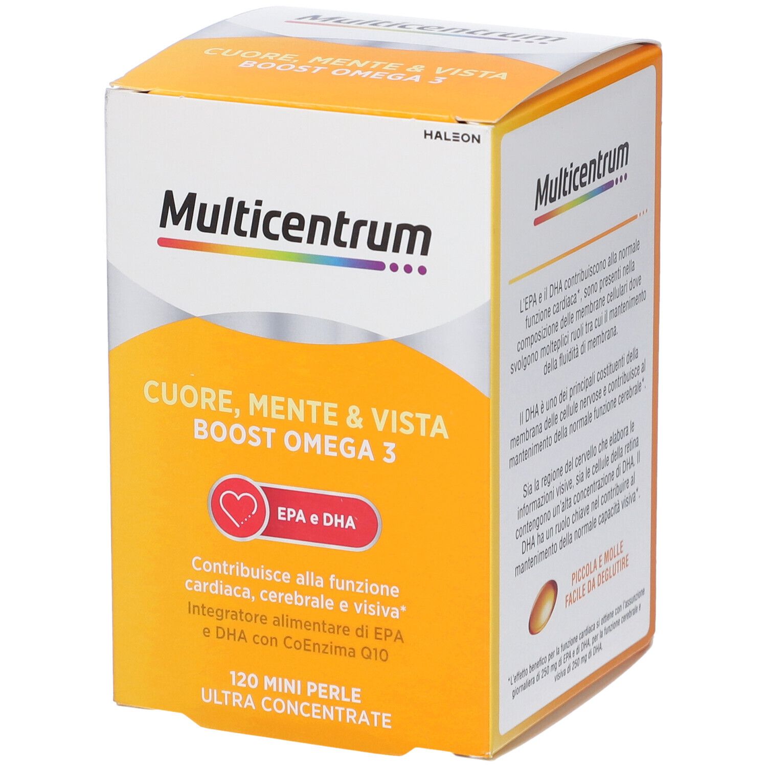 Scatola di Multicentrum Boost Omega 3. Scatola quadrata con informazioni. Contiene 120 mini perle. Con EPA e DHA.