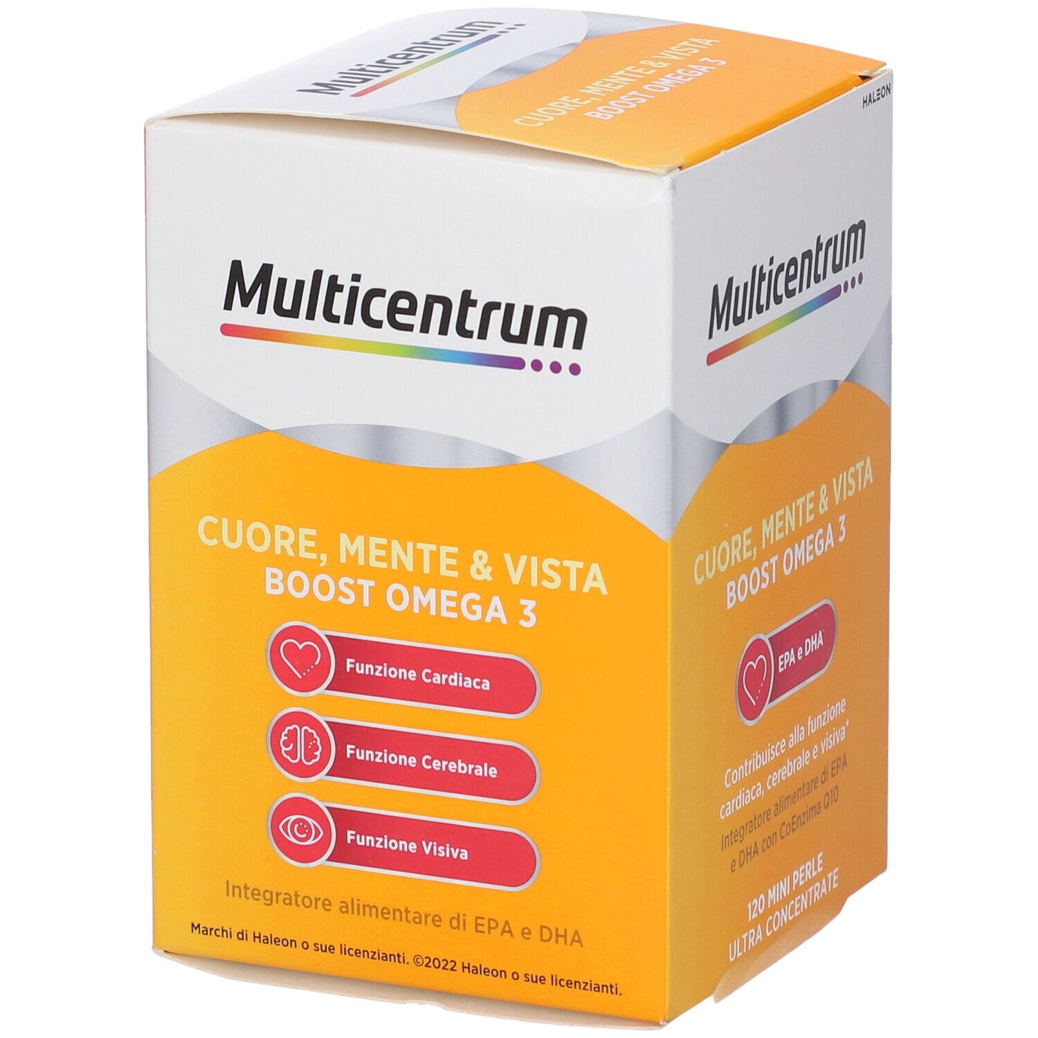 Scatola di Multicentrum Boost Omega 3. Scatola quadrata con informazioni. Contiene 120 mini perle. Con EPA e DHA.