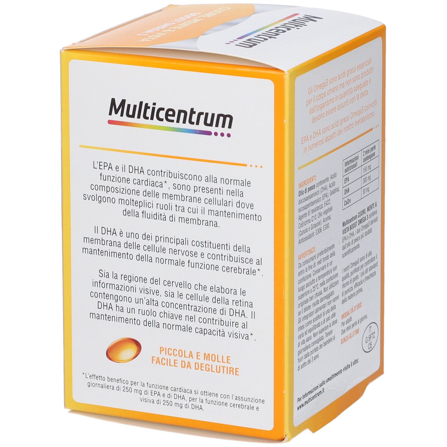 Lato della confezione Multicentrum Boost Omega 3. Contiene informazioni. Con EPA e DHA. Perle piccole e facili da deglutire.