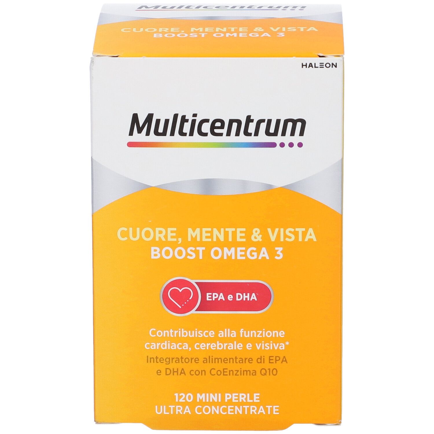 Confezione di Multicentrum Boost Omega 3. Contiene 120 mini perle. Scritta: Cuore, mente e vista. Con EPA e DHA.