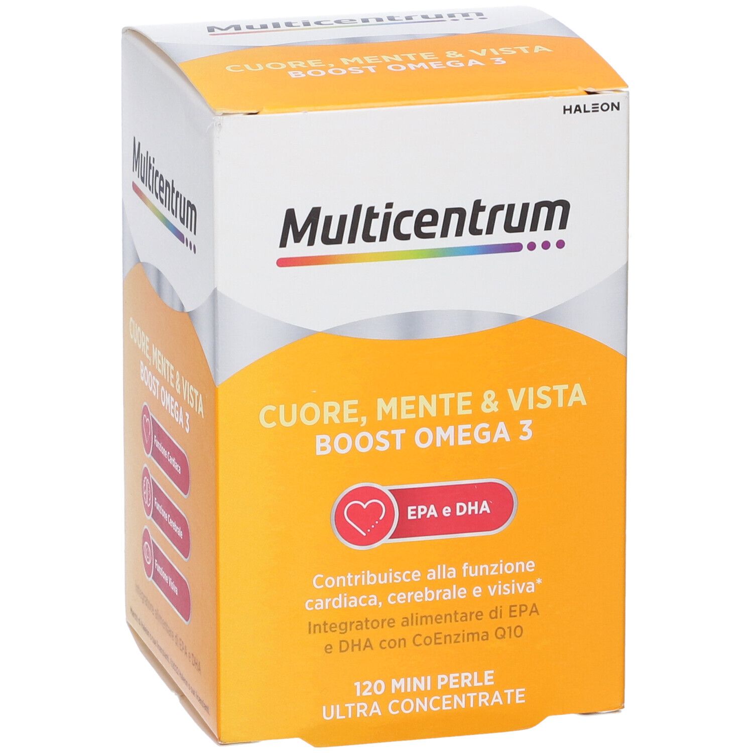 Scatola di Multicentrum Boost Omega 3. Scatola quadrata con informazioni. Contiene 120 mini perle. Con EPA e DHA.
