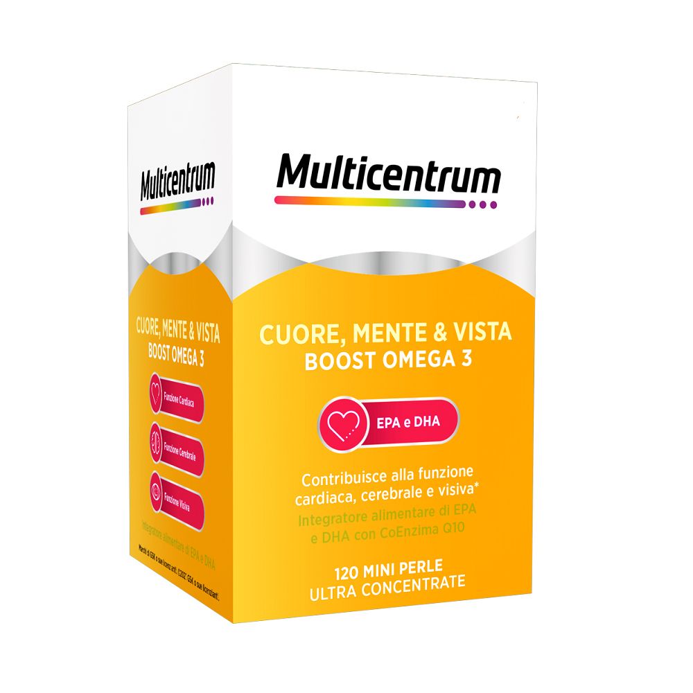 Scatola di Multicentrum Cuore Mente Vista Boost Omega 3. Confezione giallo-bianca con informazioni e logo.