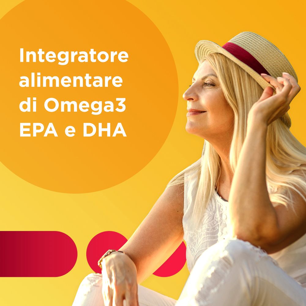 Donna con cappello, sfondo giallo. Testo: Integratore alimentare di Omega3 EPA e DHA.