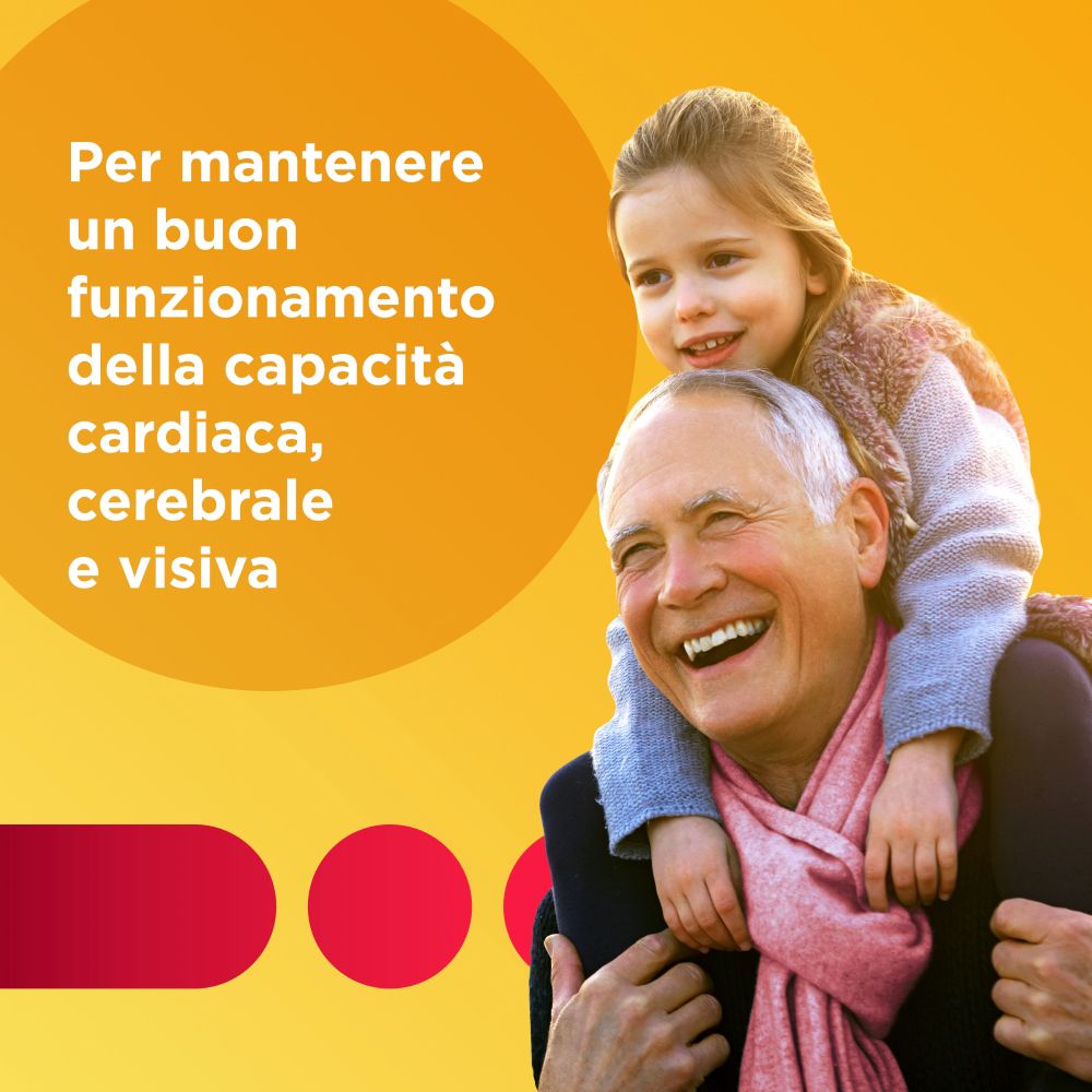 Uomo e bambino, sfondo giallo. Testo: Per mantenere un buon funzionamento della capacità cardiaca, cerebrale e visiva.