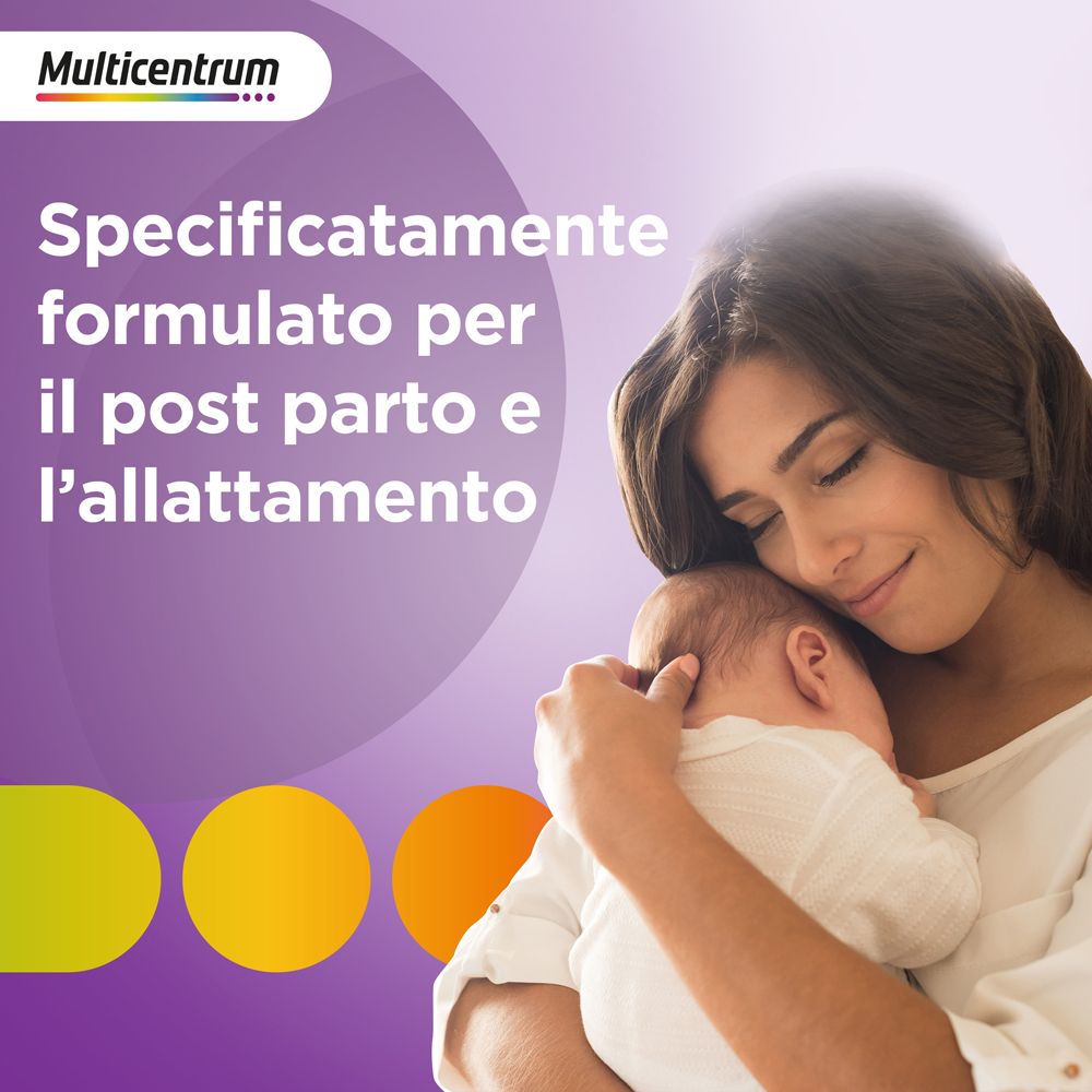 Donna tiene in braccio un bambino. Testo: Specificamente formulato per il post parto e l'allattamento. Logo del prodotto in alto.