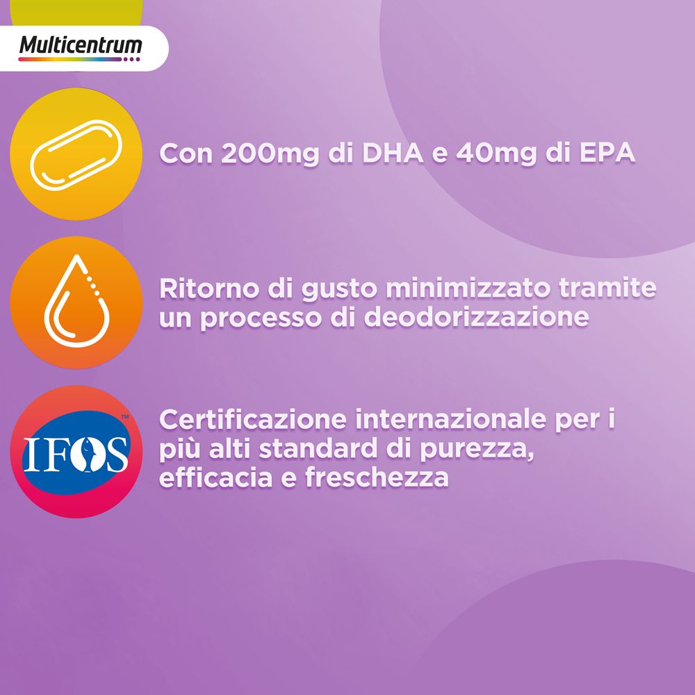 Informazioni sul prodotto. Contiene 200mg di DHA e 40mg di EPA. Gusto minimizzato. Certificazione IFOS.