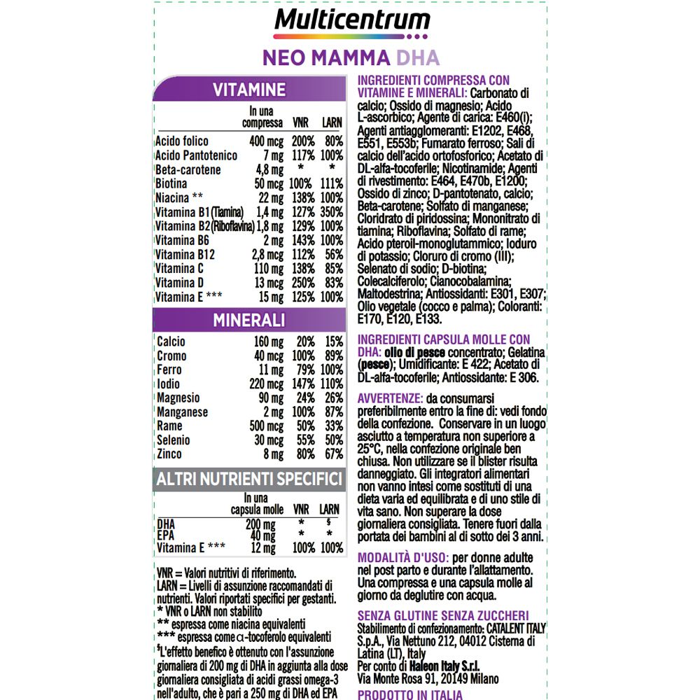Informazioni sul prodotto. Ingredienti, informazioni nutrizionali, istruzioni per l'uso. Per adulti durante e dopo l'allattamento.
