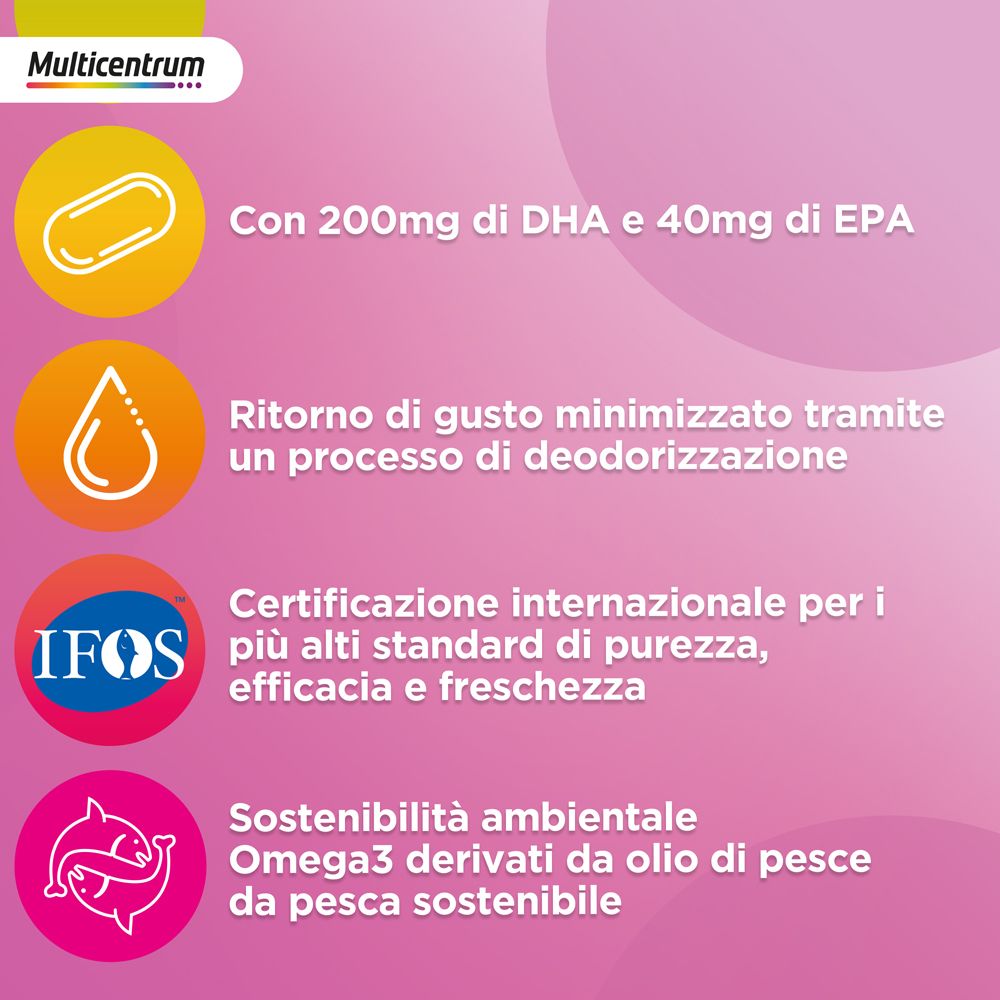 Testo: Con 200mg di DHA e 40mg di EPA. Certificazione IFOS. Sostenibilità. Omega3 da olio di pesce.