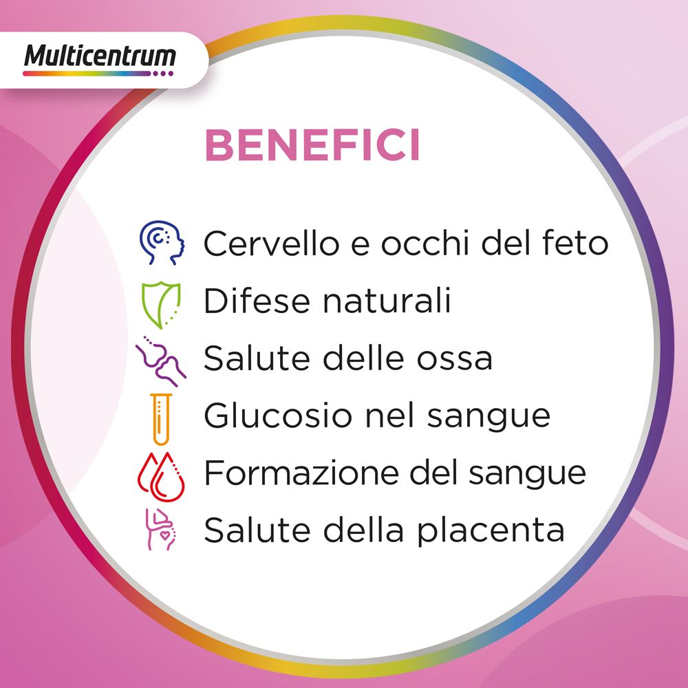 Cerchio rosa con testo: Benefici. Cervello e occhi del feto, difese naturali, salute delle ossa.