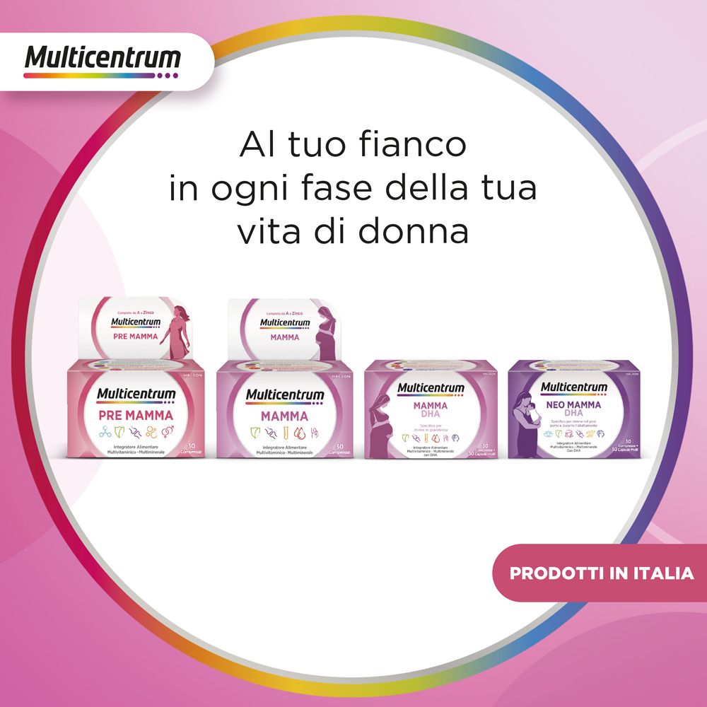 Diversi prodotti Multicentrum. Pre Mamma, Mamma, DHA Mamma, Neo Mamma. Prodotti in Italia.