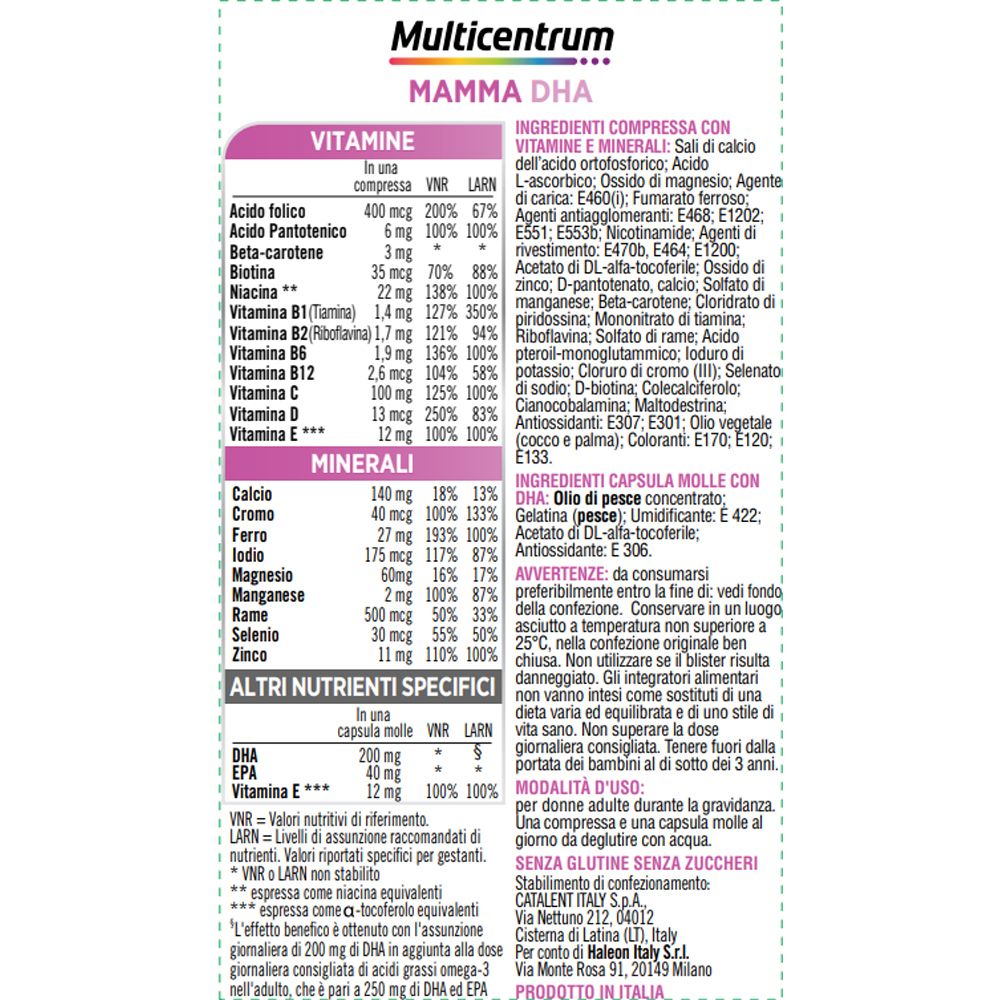 Ingredienti di Multicentrum Mamma DHA. Vitamine e minerali. Composizione delle capsule.