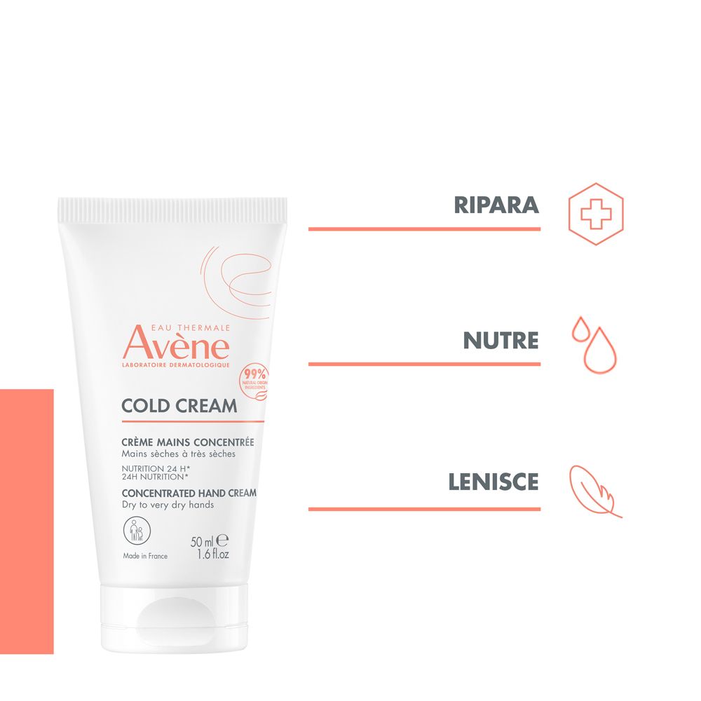 Tubo bianco con testo rosso e nero. Contiene Cold Cream. Marchio: Avène. Testo: Crème Mains Concentrée.