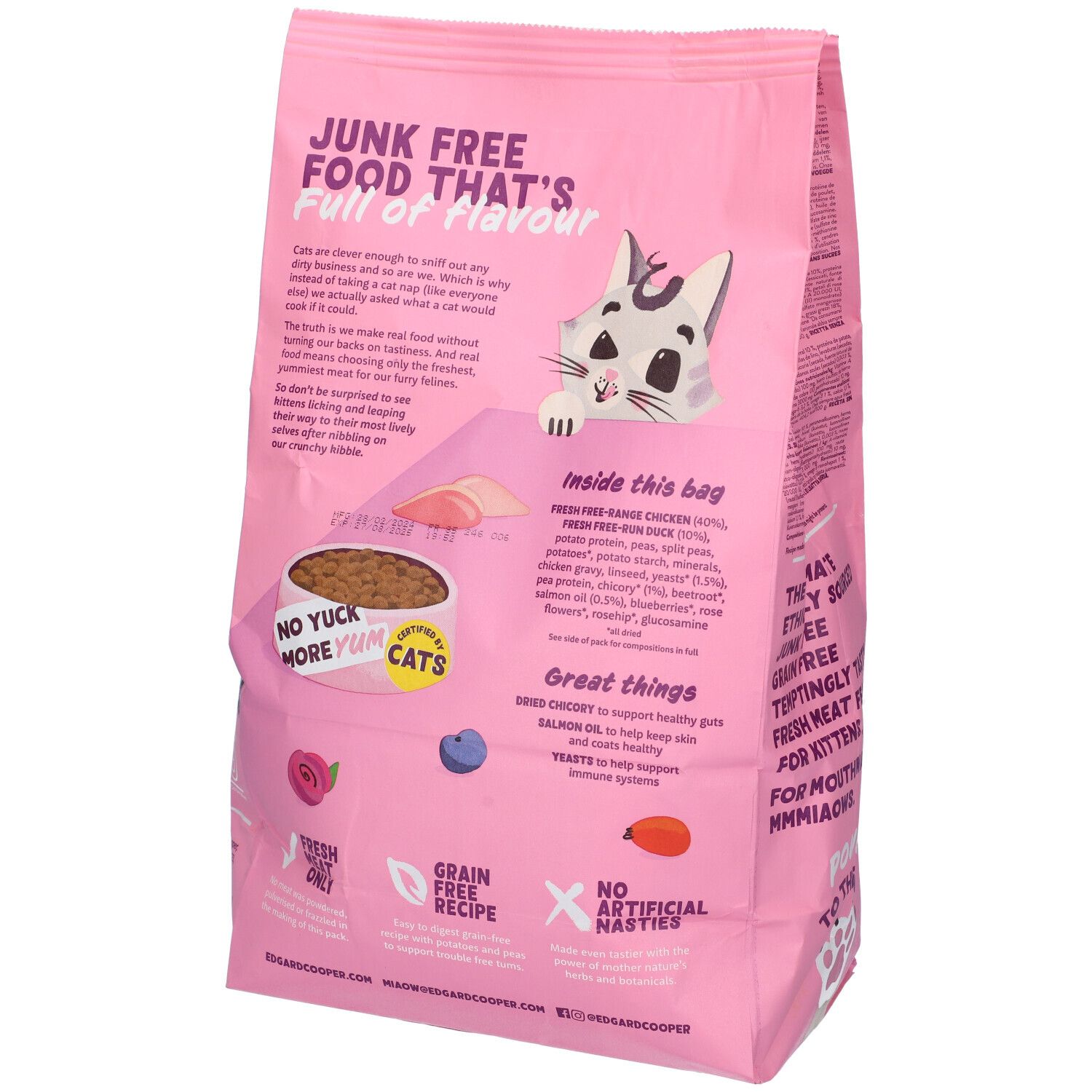 Retro della confezione rosa "Edgard & Cooper". "Feed Me Real Duck and Chicken" per gattini. Contiene mirtilli e rosa canina. Testo e illustrazioni.