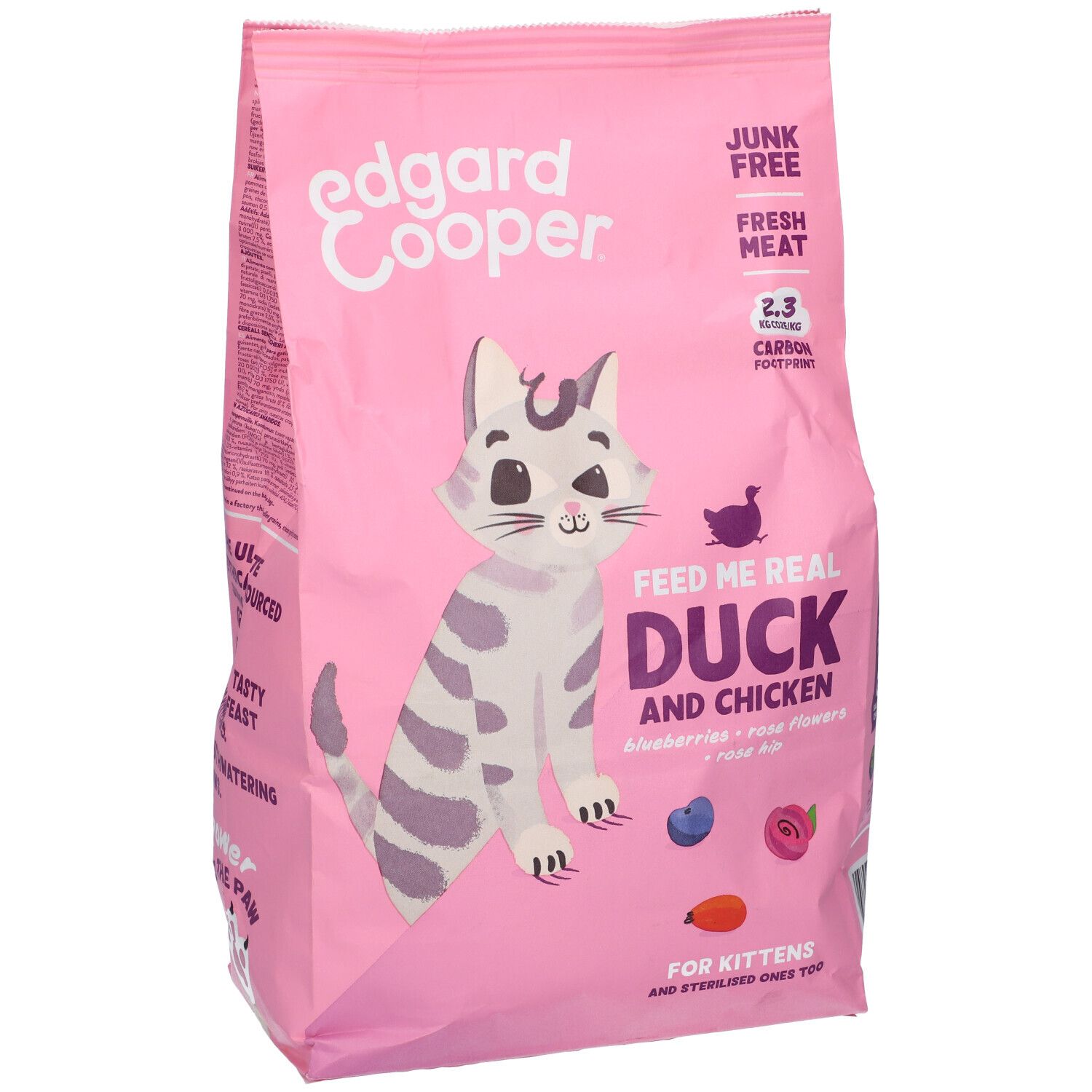 Confezione rosa "Edgard & Cooper". "Feed Me Real Duck and Chicken" per gattini. Contiene mirtilli e rosa canina. Illustrazione di un gatto.