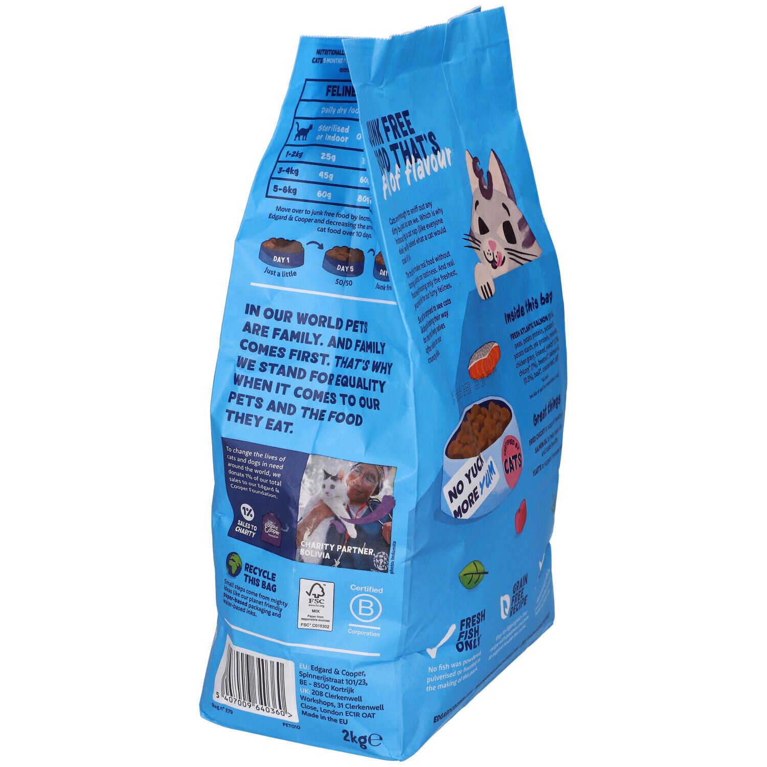 Retro di un sacchetto blu di cibo per gatti. Contiene informazioni sugli ingredienti e i benefici. Con illustrazione di gatto e cibo.