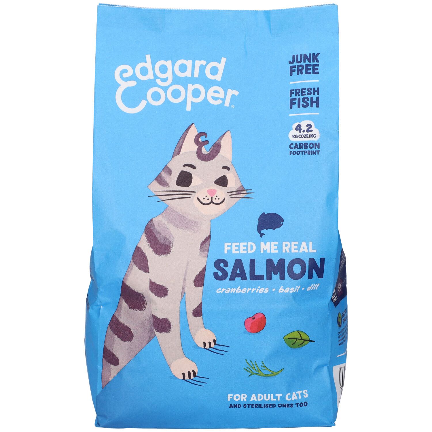 Sacchetto blu di cibo per gatti. Scritta "Feed Me Real Salmon". Contiene mirtilli rossi, basilico e aneto. Per gatti adulti.