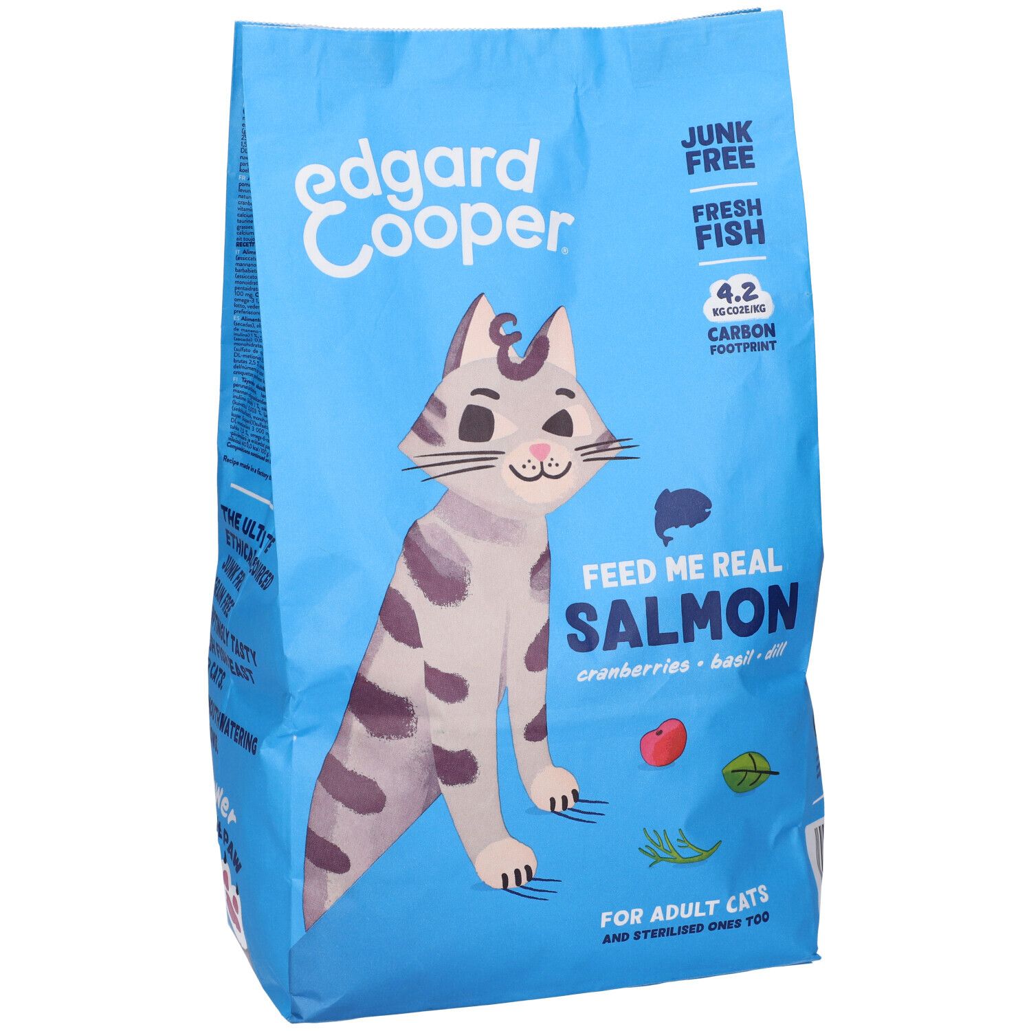 Sacchetto blu di cibo per gatti. Scritta "Feed Me Real Salmon". Contiene mirtilli rossi, basilico e aneto. Per gatti adulti.