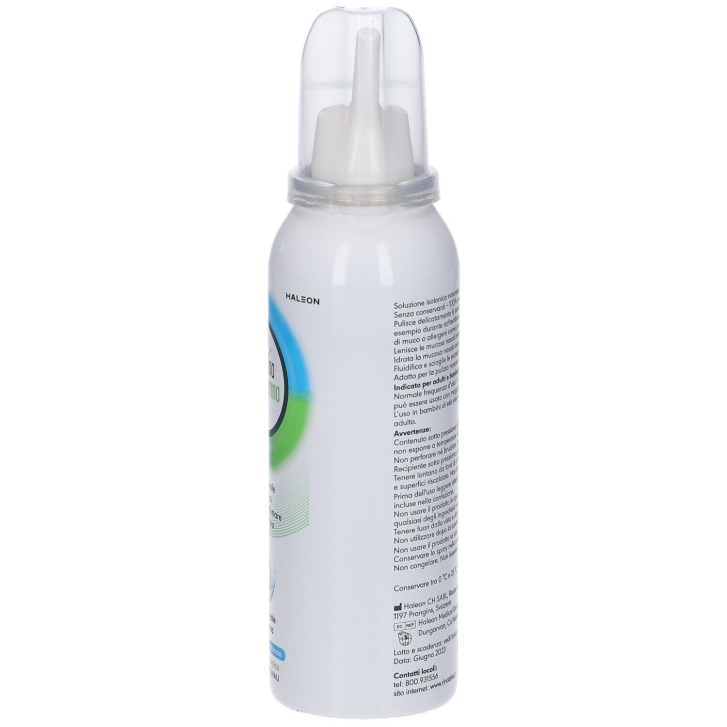 Retro di un flacone spray nasale bianco. Testo in italiano. Informazioni sull'uso e sul produttore.