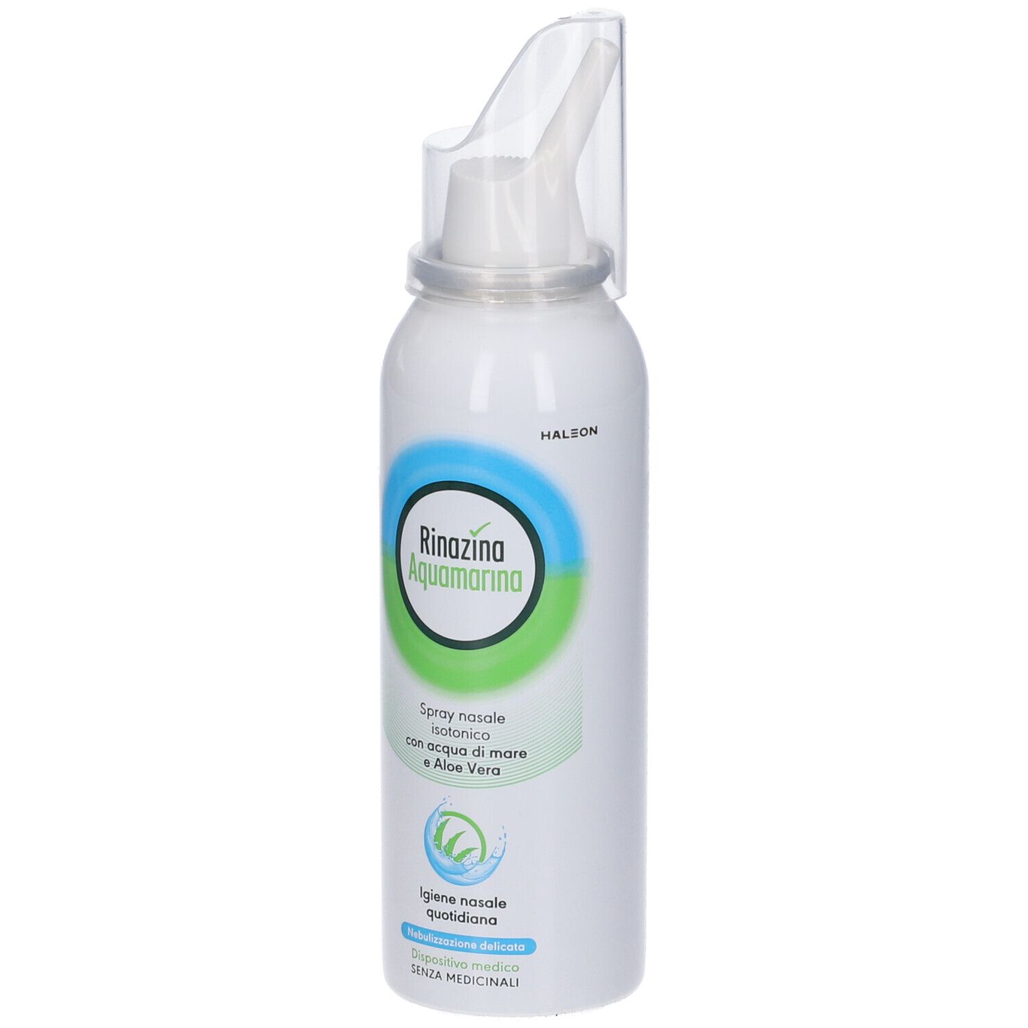 Flacone spray nasale bianco con logo blu-verde e beccuccio. Scritta Rinazina Aquamarina. Spray nasale isotonico.