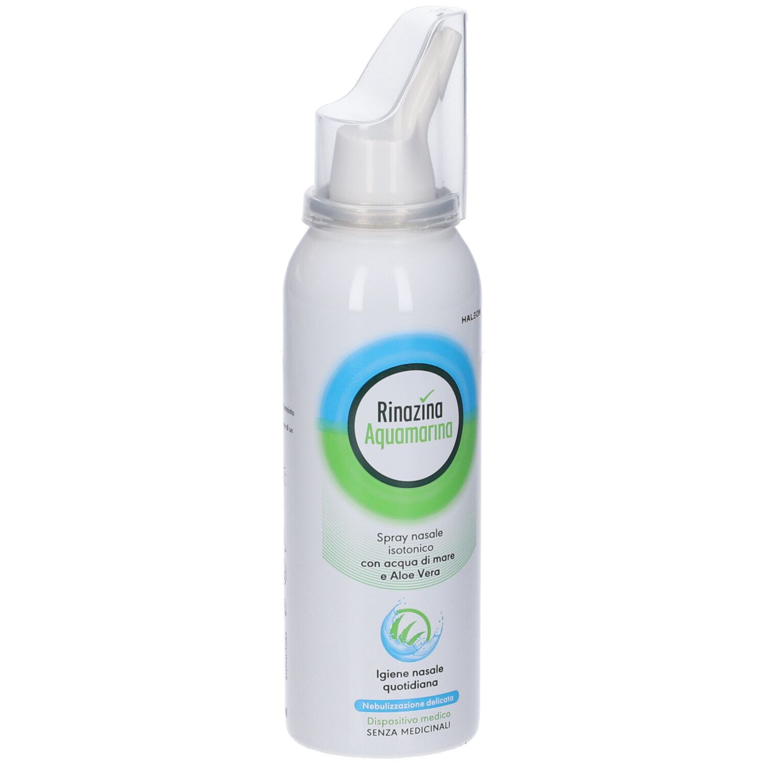 Flacone spray nasale bianco con logo blu-verde e beccuccio. Scritta Rinazina Aquamarina. Spray nasale isotonico.