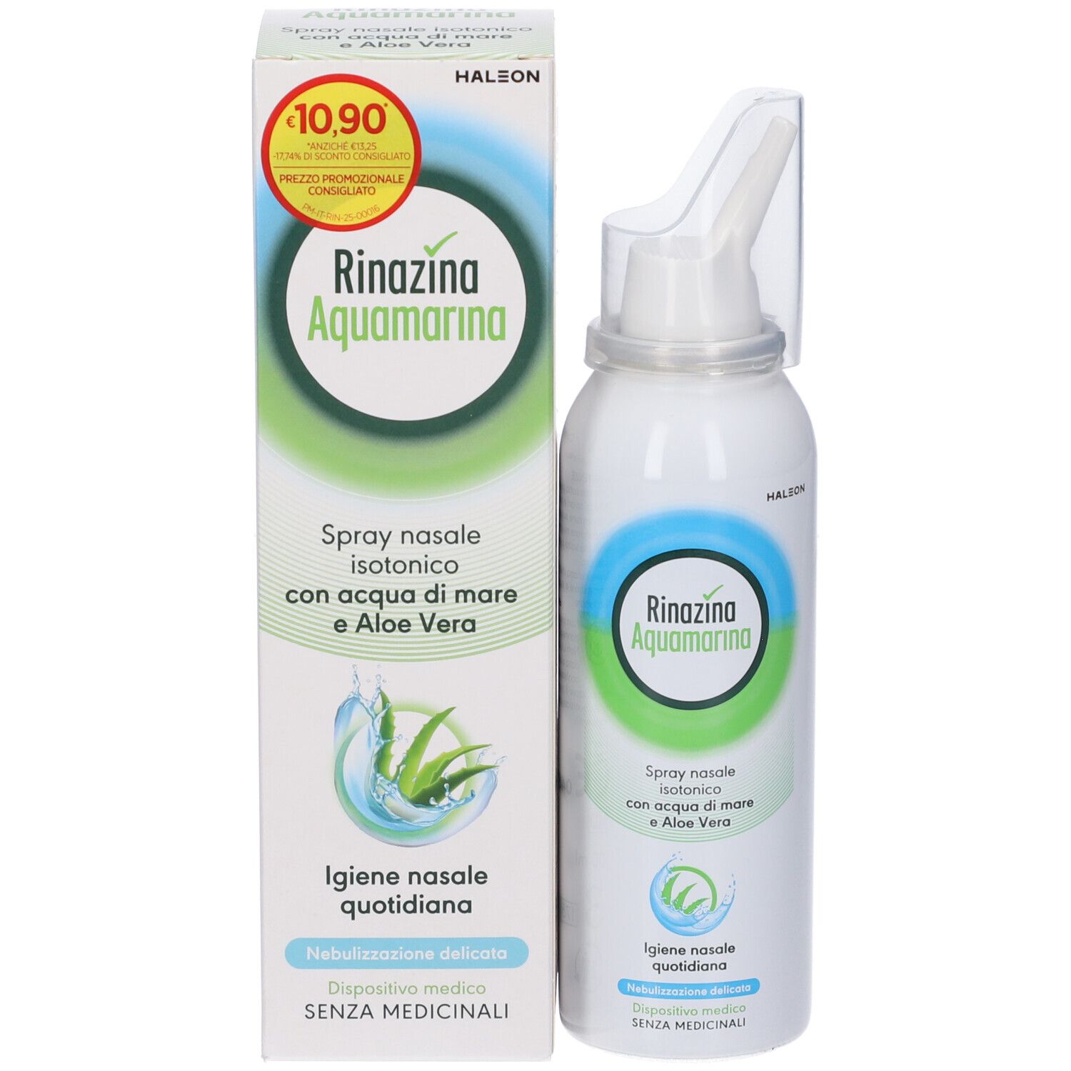 Spray nasale e confezione. Flacone bianco con logo blu-verde. Scatola con informazioni sul prodotto e prezzo.