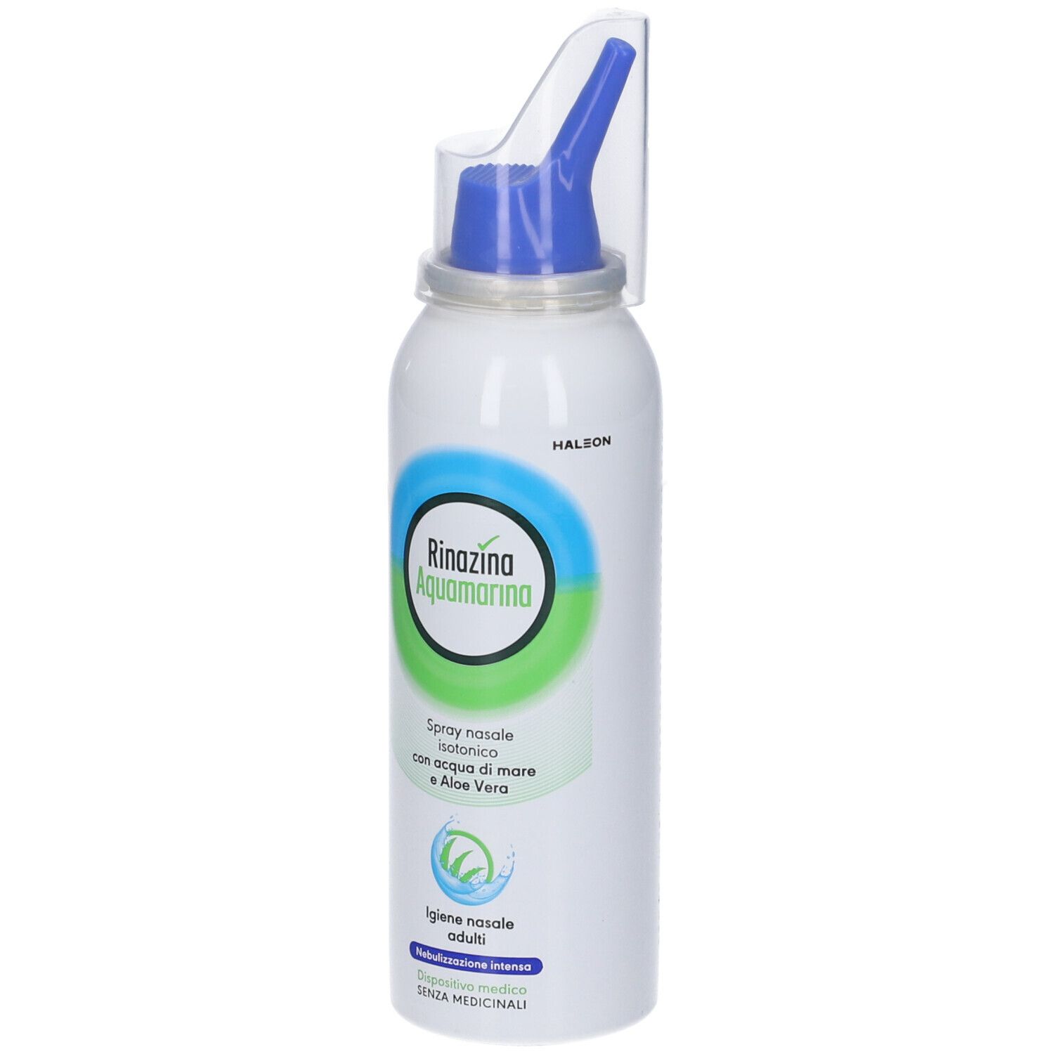 Flacone spray nasale con erogatore blu e protezione. Scritta Rinazina Aquamarina, isotonico, con acqua di mare e aloe vera.