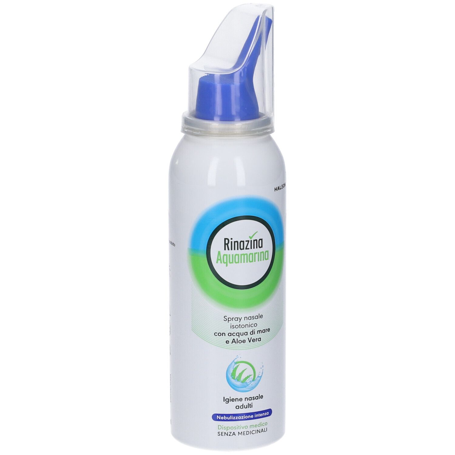 Flacone spray nasale con erogatore blu e protezione. Scritta Rinazina Aquamarina, isotonico, con acqua di mare e aloe vera.