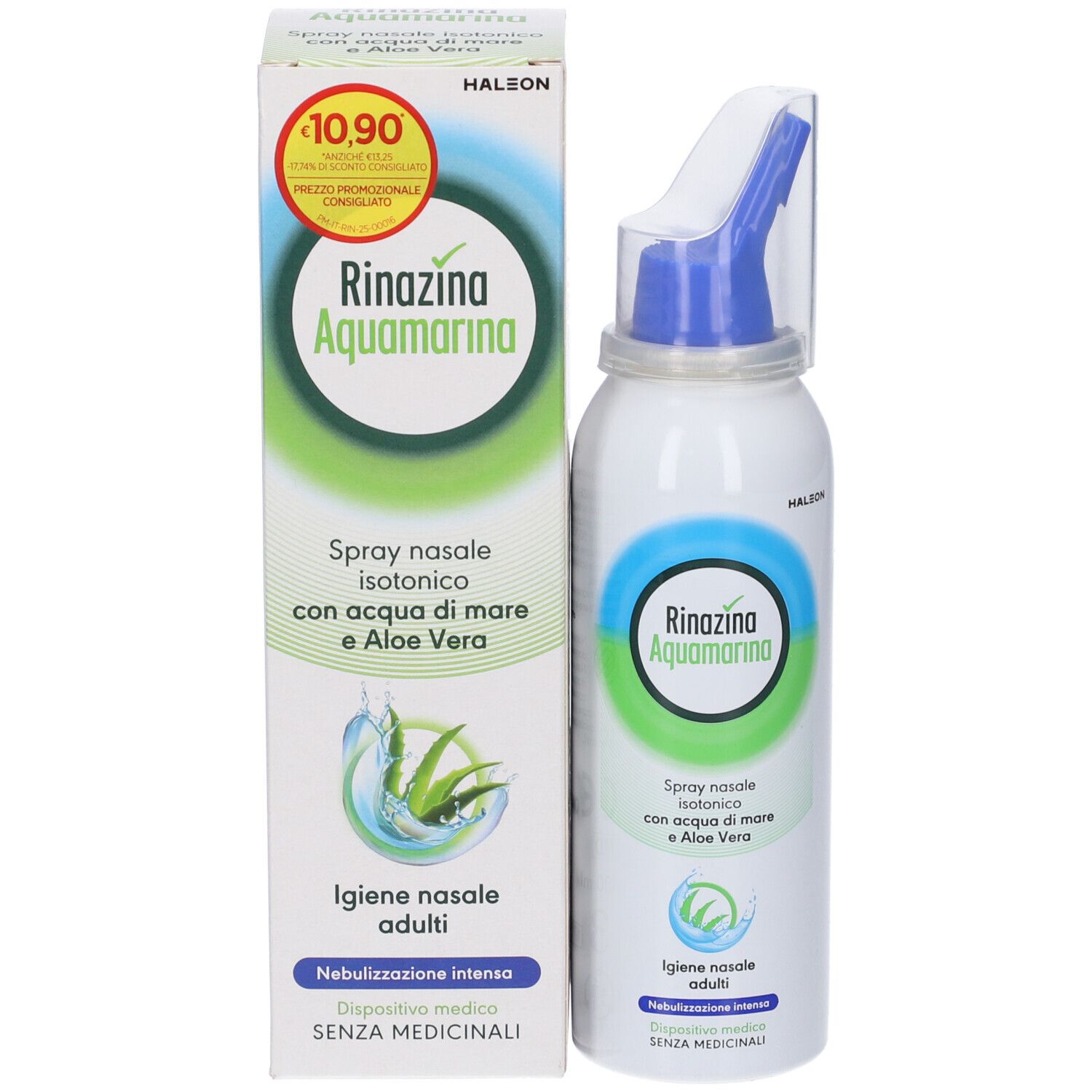 Flacone spray nasale e confezione. Scritta Rinazina Aquamarina, isotonico, con acqua di mare e aloe vera. Adesivo prezzo.
