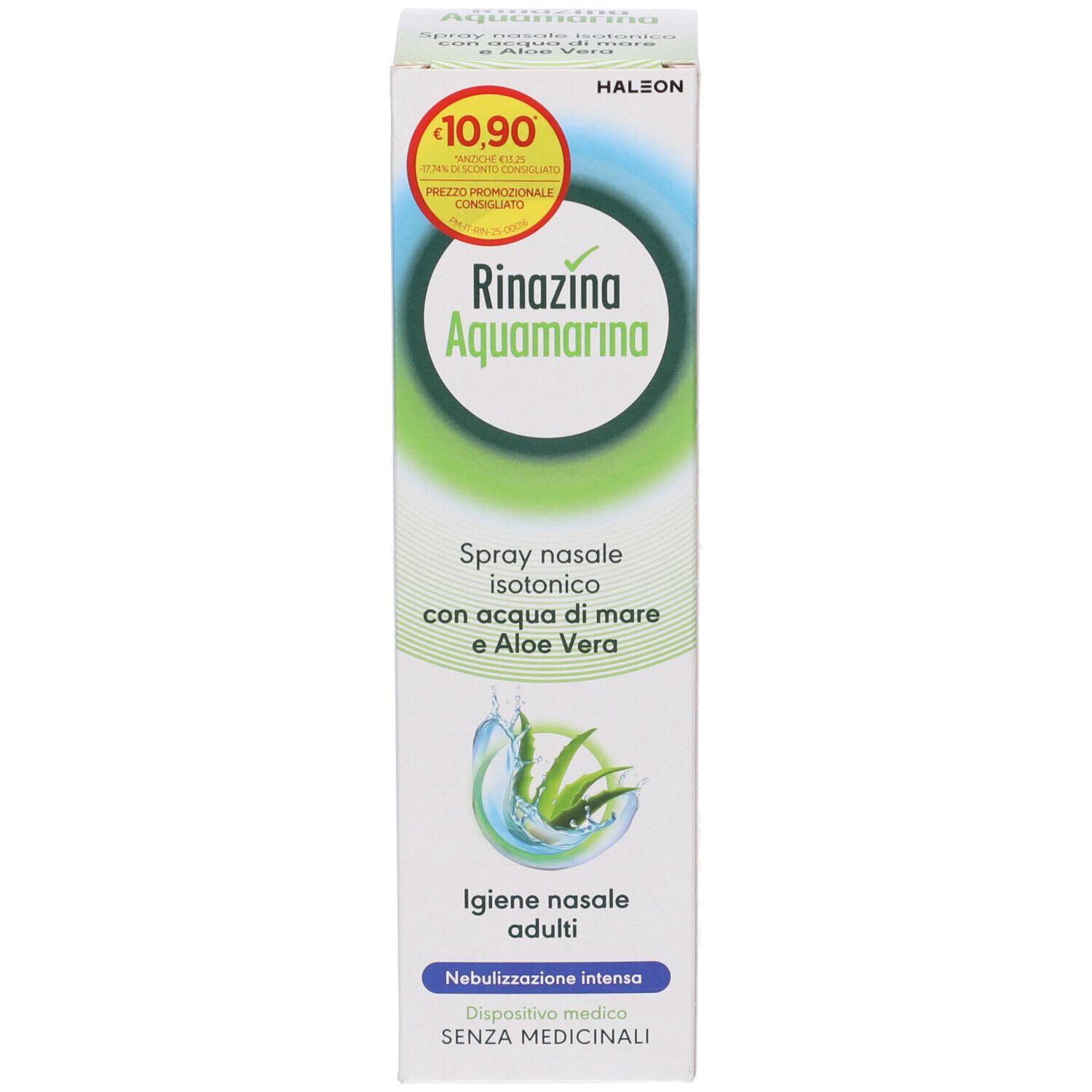 Confezione spray nasale. Scritta Rinazina Aquamarina, isotonico, con acqua di mare e aloe vera. Adesivo prezzo.