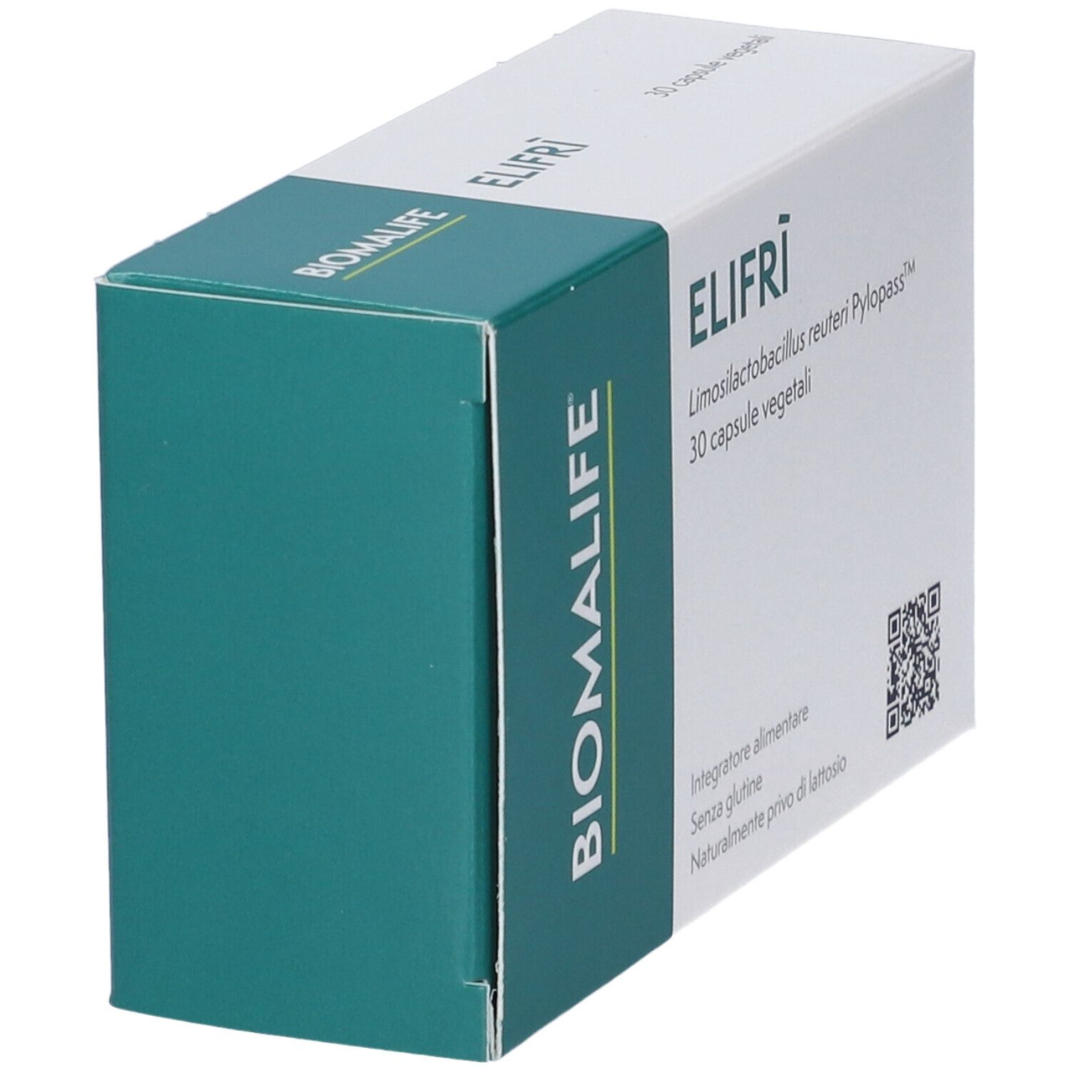 Scatola di capsule Elifri. Logo Biomlife. Scritta: 30 capsule vegetali. Vista angolare.