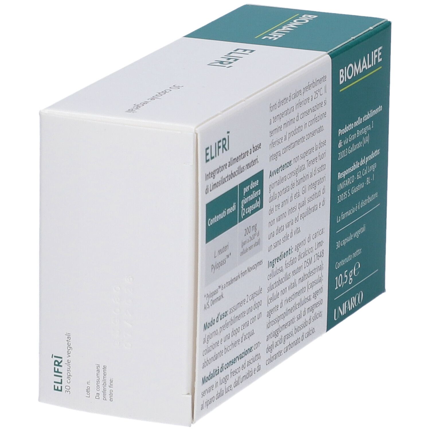 Scatola di capsule Elifri. Retro con testo. Logo Biomlife. Vista angolare.