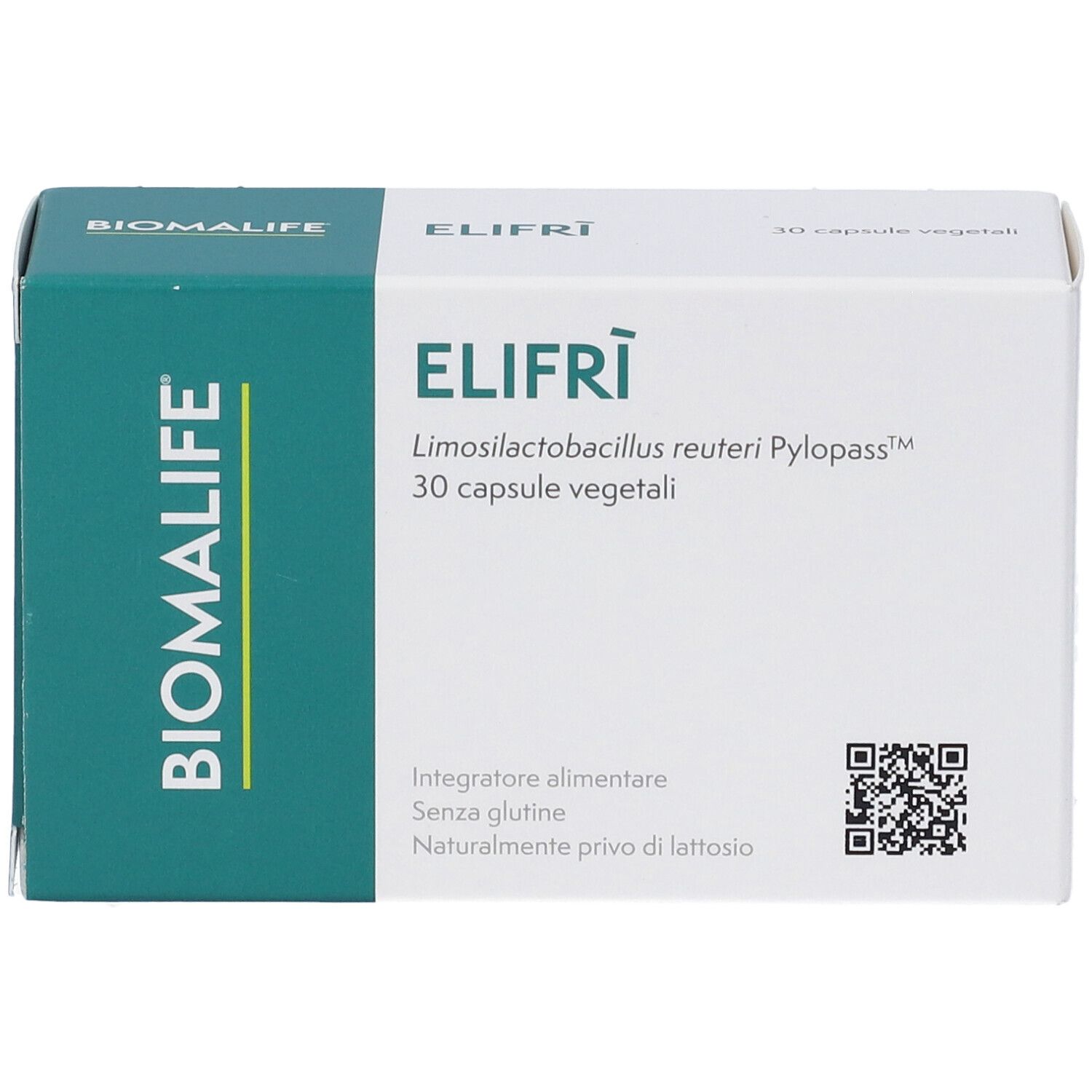 Scatola di capsule Elifri. Scritta: 30 capsule vegetali. Logo Biomlife. Codice QR.