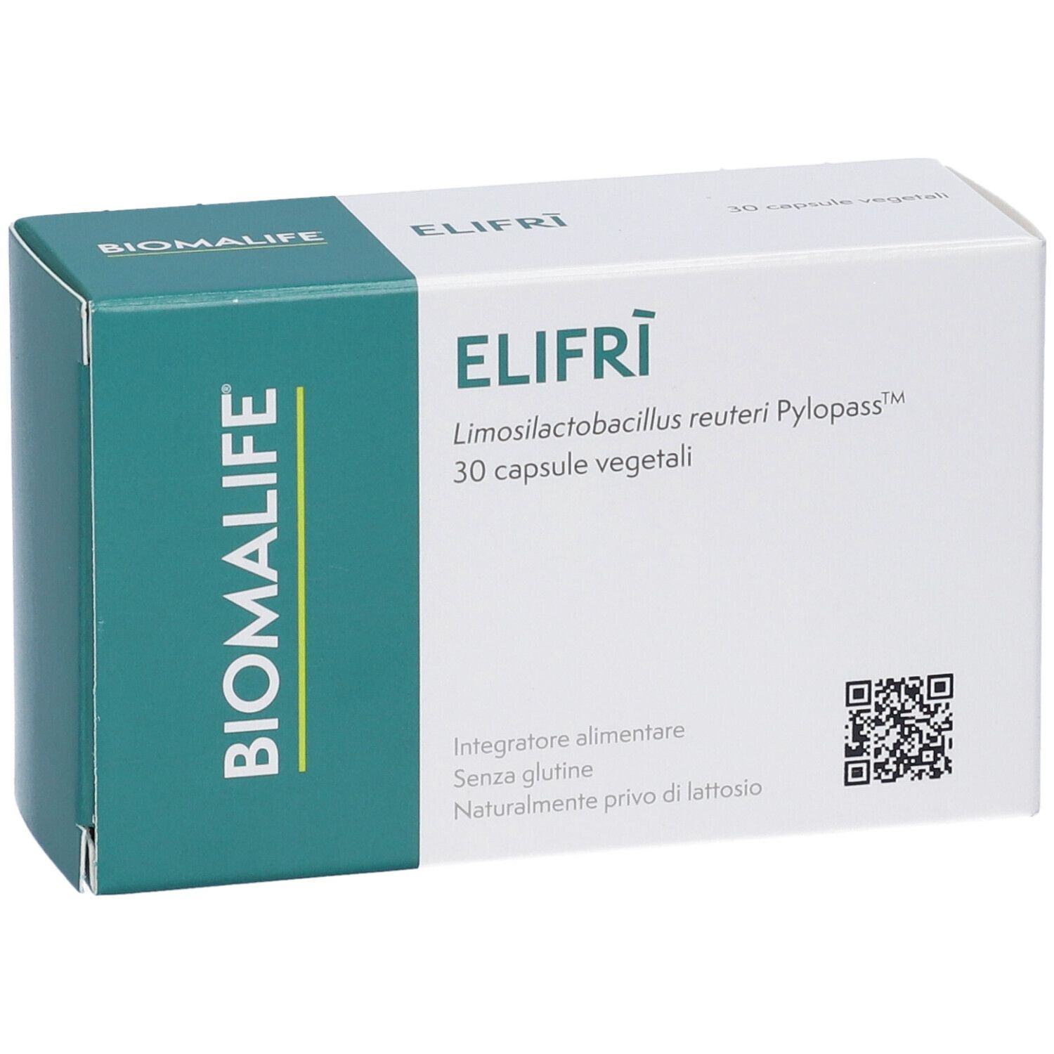 Scatola di capsule Elifri. Scritta: 30 capsule vegetali. Logo Biomlife. Codice QR.