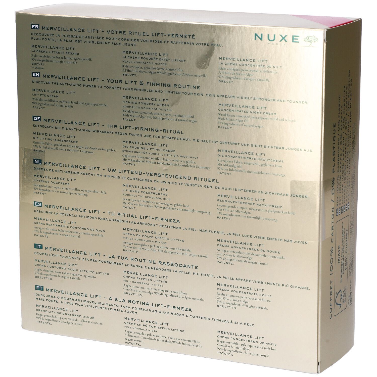 Retro della confezione regalo. Testo multilingue. Logo Nuxe in alto a destra.