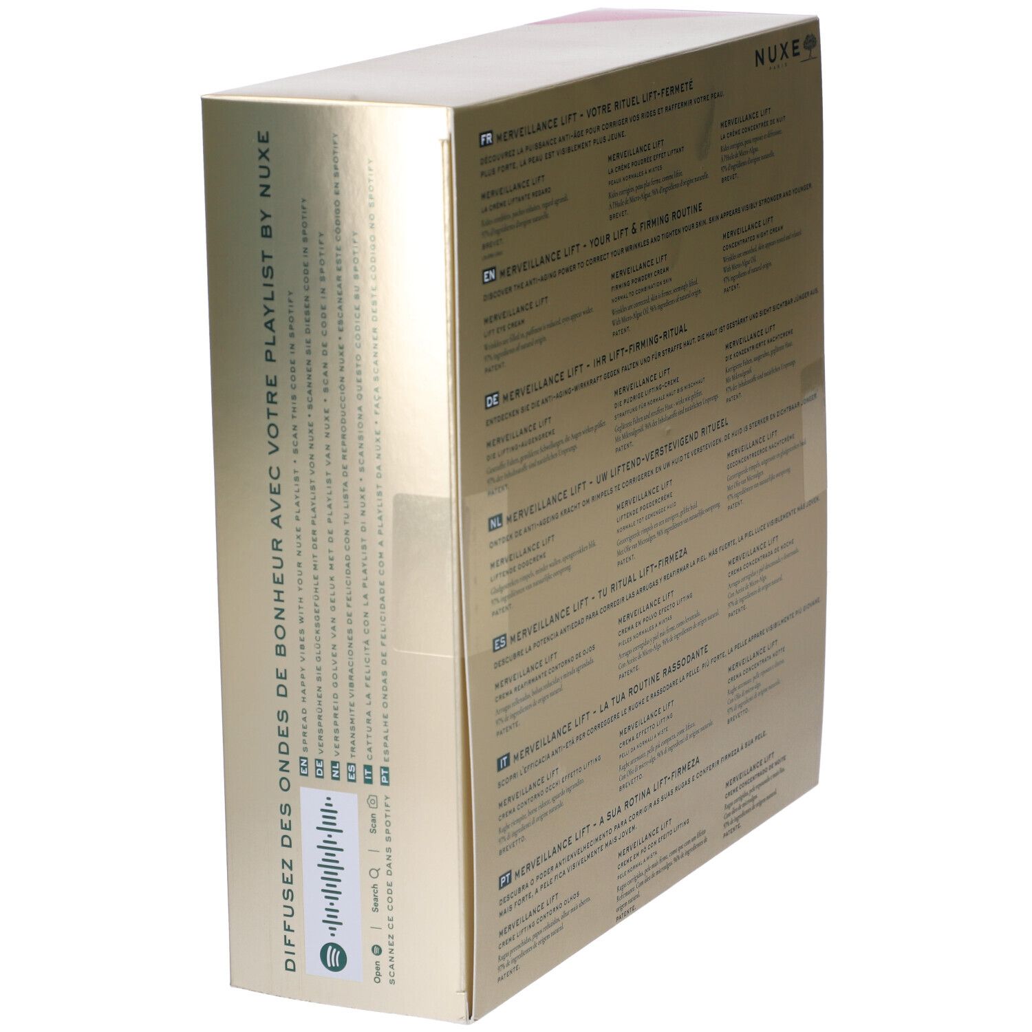 Lato della confezione regalo. Testo e codice QR. Logo Nuxe. Sfondo dorato.