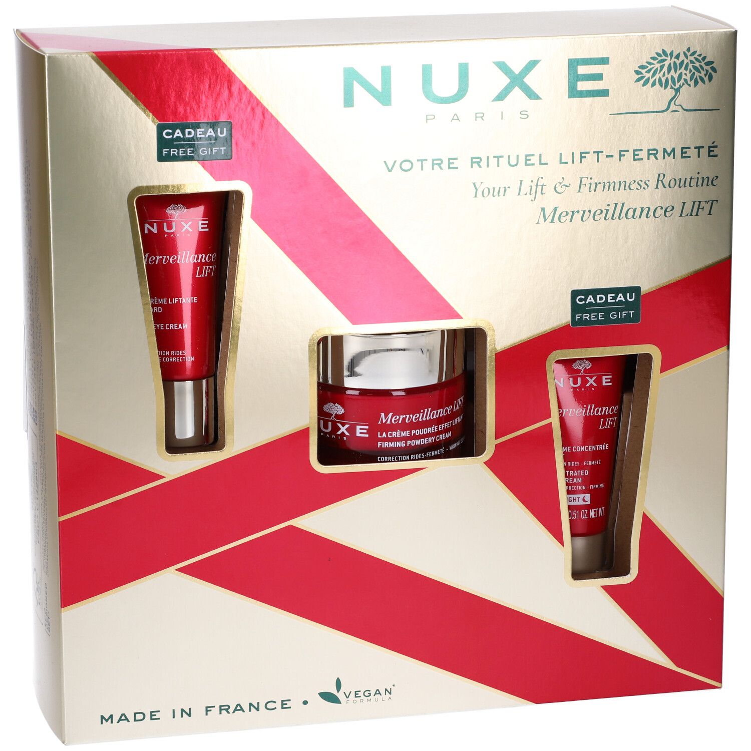 Confezione regalo con tre prodotti. Logo Nuxe, testo, nastro rosso. Logo vegano. Made in France.