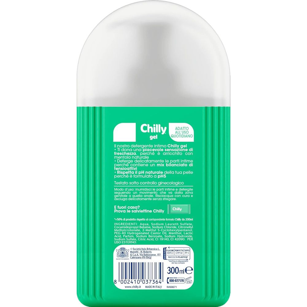 Retro della bottiglia verde Chilly gel. Testo: Chilly gel, ingredienti, 300ml, pH 5, clinicamente testato.